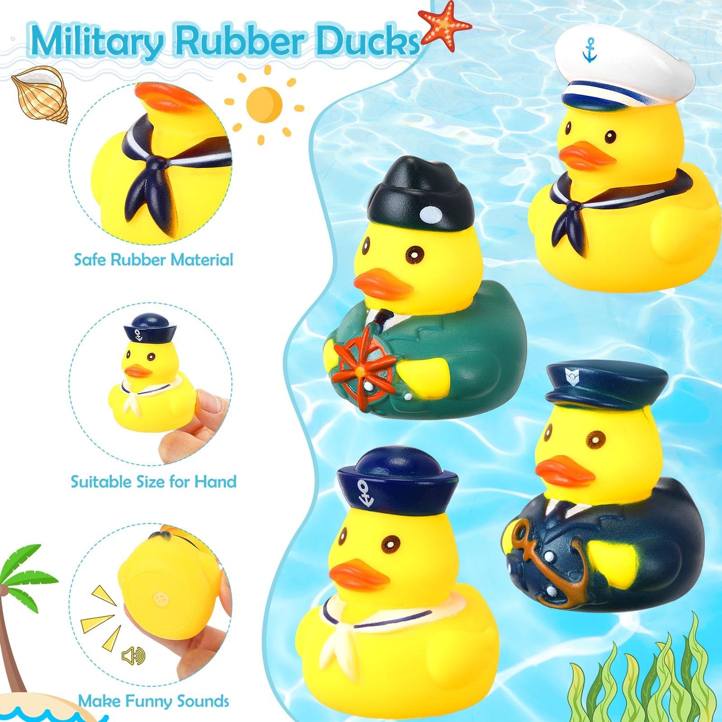 Motionchic 36 Pcs Cruise Ships Rubber Ducks Bulk with Sunglasses 2.4 Inch Military Rubber Cruise Uniform Armed Forces Squeaky Bath Duck Toy Birthday Baby Shower Party Favors
