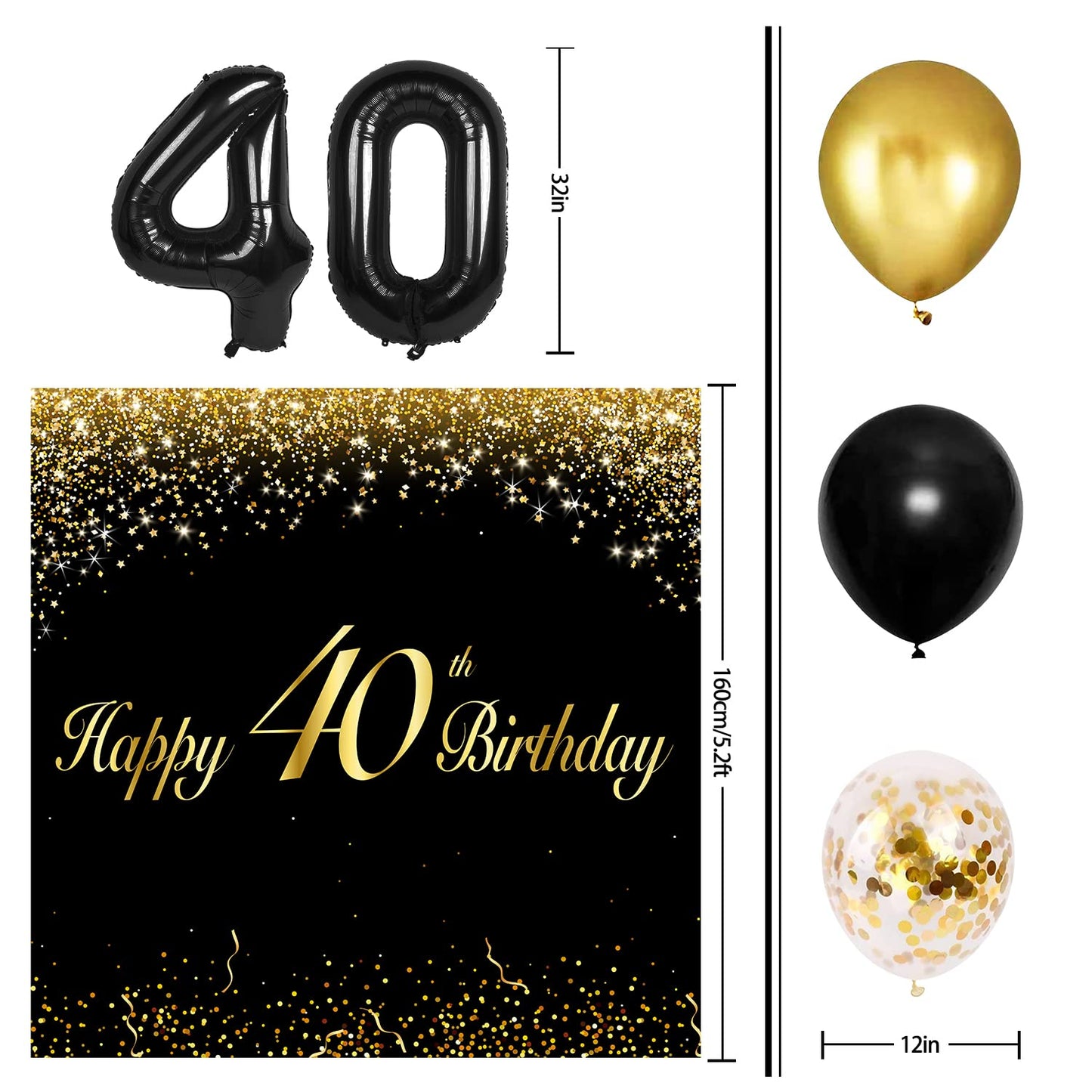 Happy 40Th Birthday Balloons Black Set Decor - Cheers To 40 Years Old Party Theme Garland Banner Backdrop Decorations For Women