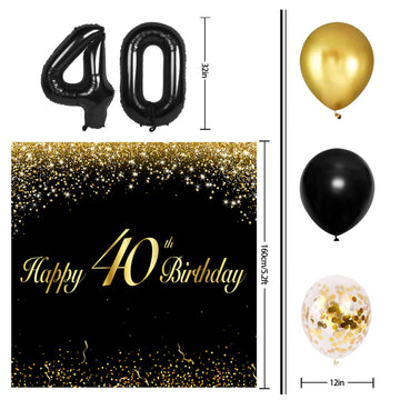 Happy 40Th Birthday Balloons Black Set Decor - Cheers To 40 Years Old Party Theme Garland Banner Backdrop Decorations For Women
