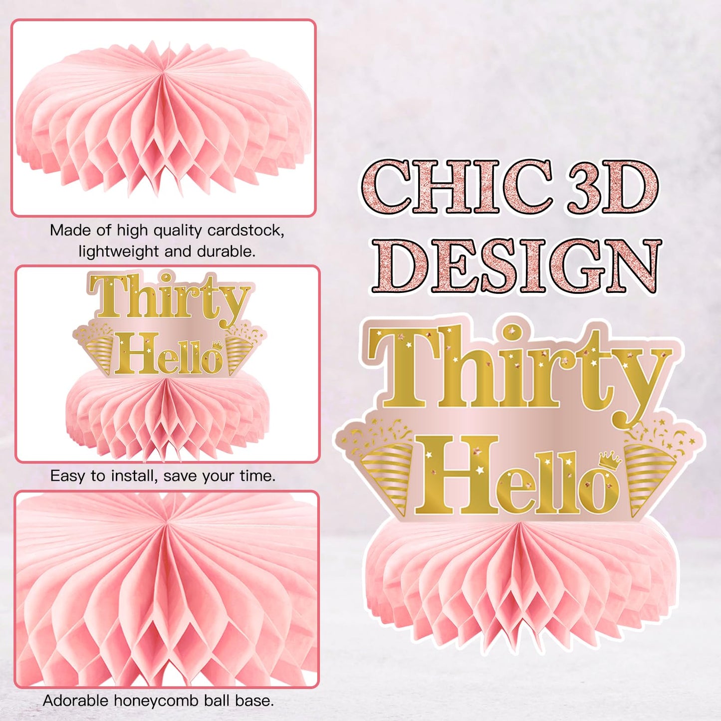9Pcs 30Th Birthday Decorations Pink Rose Gold Honeycomb Centerpieces For Women,Happy 30Th Birthday Table Centerpieces Party Supp