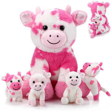 Sumind 5 Pcs Cow Plush Animals Set 13.78 Inch Mommy Cow Stuffed Animal With 4 Baby Cute Calf In Her Tummy Mommy And Small Plush For Baby Shower Boys Girls(Adorable)