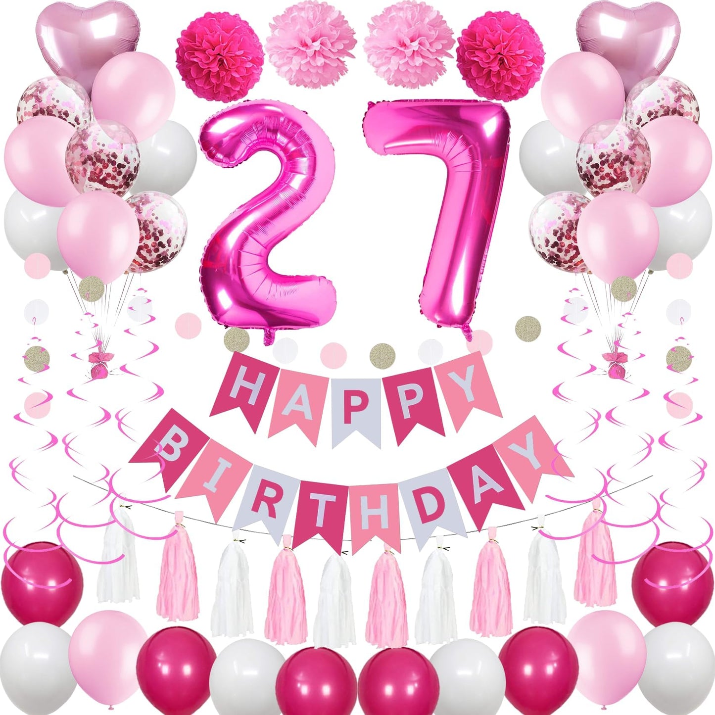 Sweet 27Th Birthday Decorations For Women, Pink And White 27 Happy Birthday Balloons, 27Th Birthday Party Supplies Including Pin
