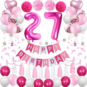 Sweet 27Th Birthday Decorations For Women, Pink And White 27 Happy Birthday Balloons, 27Th Birthday Party Supplies Including Pin