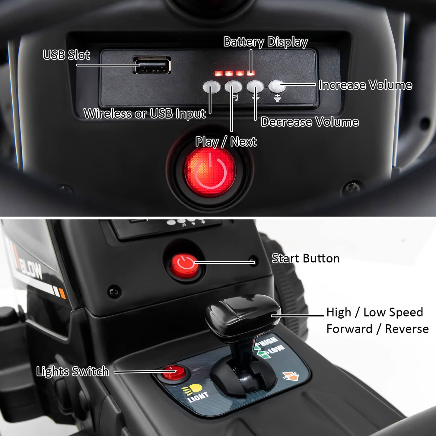 HONEY JOY Ride On Tractor with Trailer, 12V Electric Vehicle for Kids, 3-Gear-Shift Ground Loader, LED Lights, Horn, Music, Batt