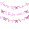 Kisses & Wishes Pink Glitter Butterfly Welcome Baby Girl Banner for Gender Reveal, 1st Birthday, Baby Shower Party Supplies