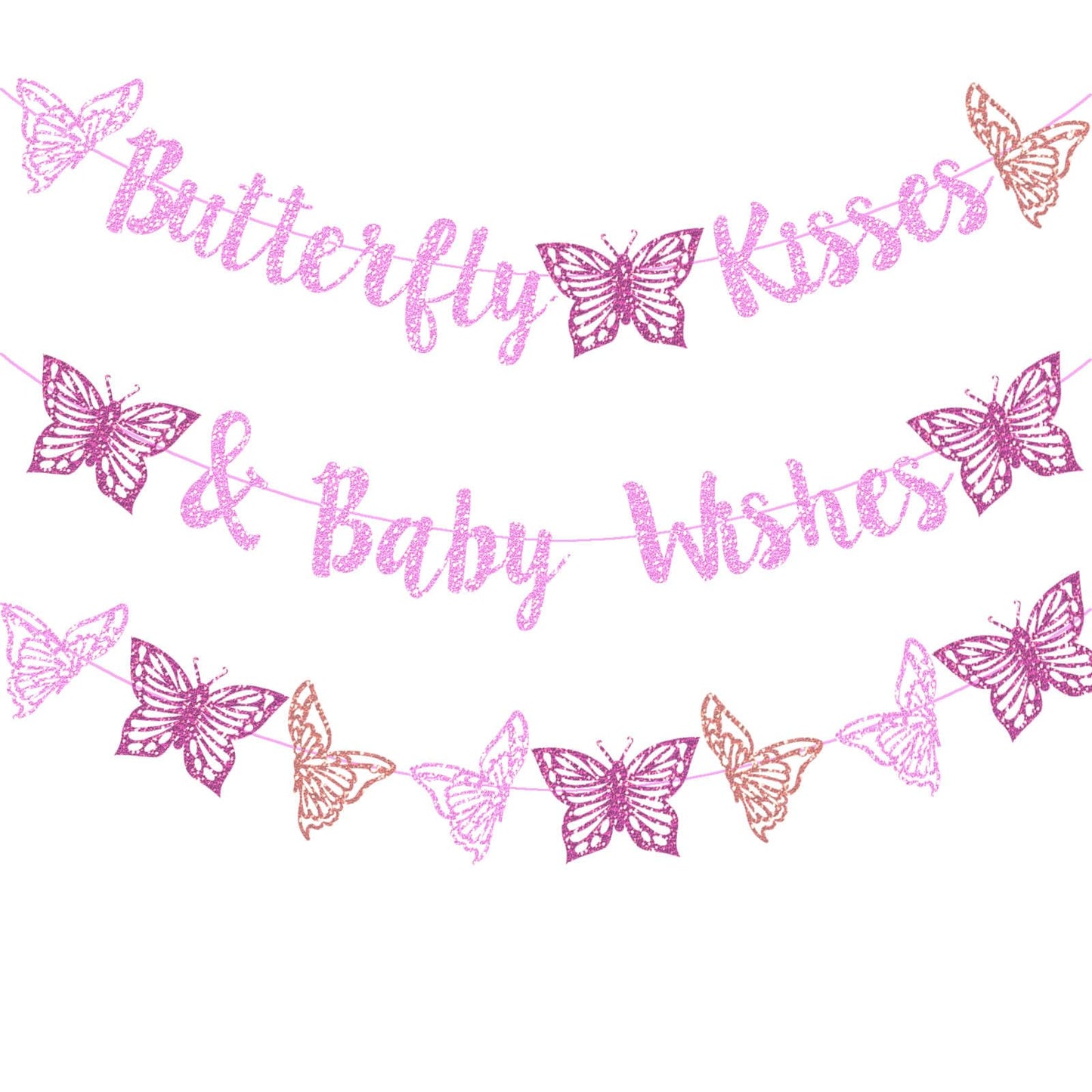 Kisses & Wishes Pink Glitter Butterfly Welcome Baby Girl Banner for Gender Reveal, 1st Birthday, Baby Shower Party Supplies
