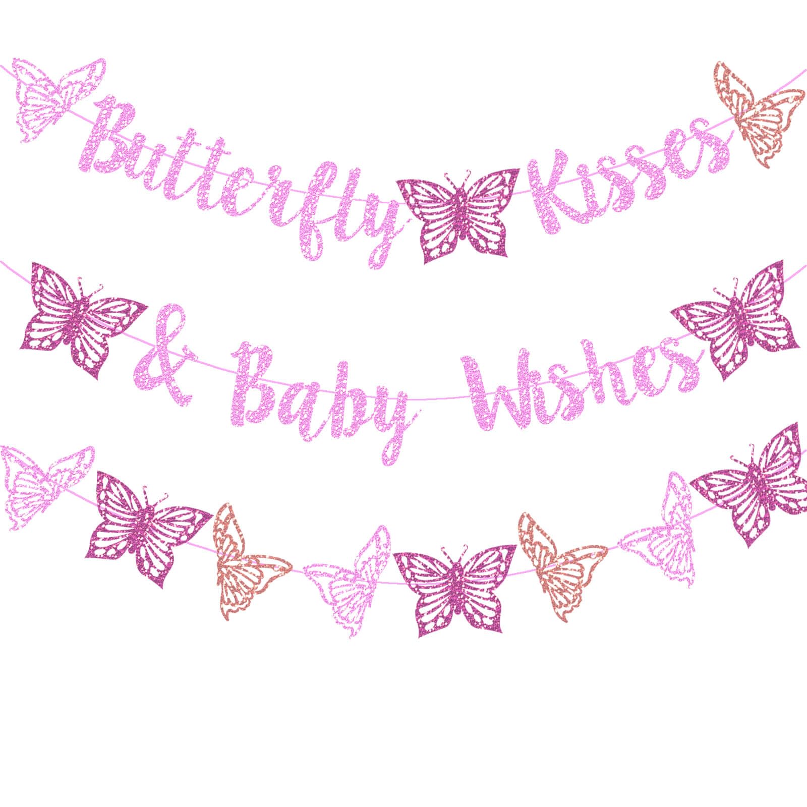Kisses & Wishes Pink Glitter Butterfly Welcome Baby Girl Banner for Gender Reveal, 1st Birthday, Baby Shower Party Supplies
