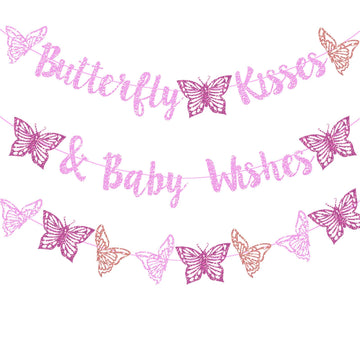 Kisses & Wishes Pink Glitter Butterfly Welcome Baby Girl Banner for Gender Reveal, 1st Birthday, Baby Shower Party Supplies