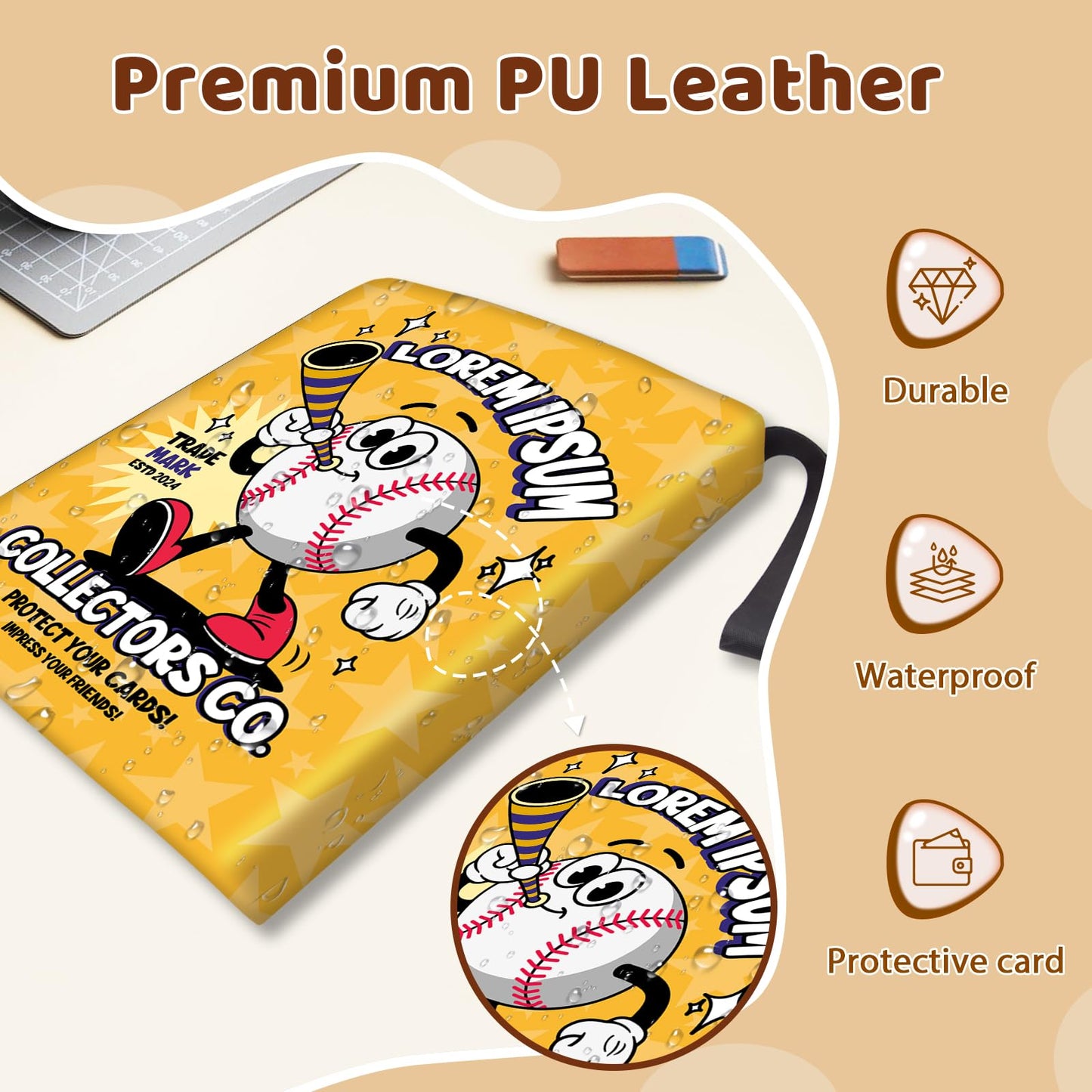 Wazzio 900 Pocket Baseball Card Binder  Trading Card Storage Album with 50 Durable 9-Pocket Pages  Baseball Design on Pocket Card Packs  Gifts for Zipper Closure Collector's Album