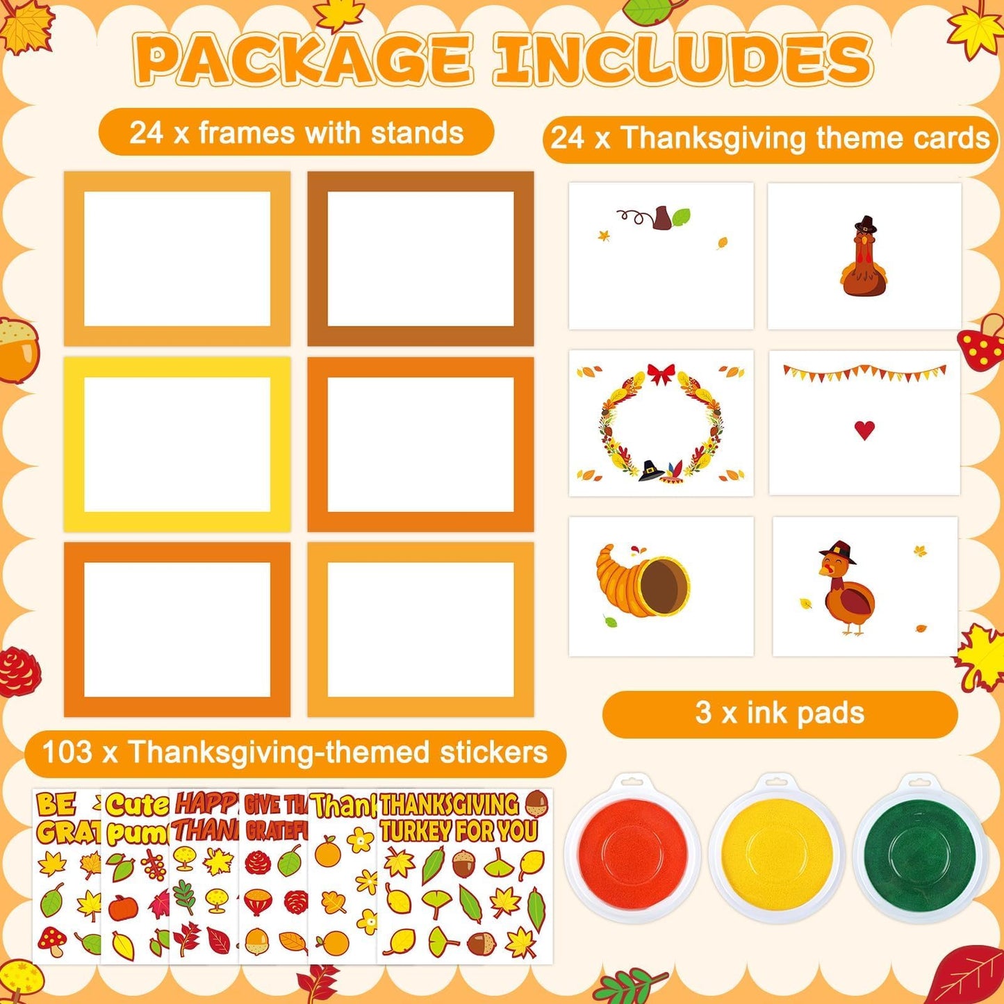 24 Sets Thanksgiving Handprint Crafts Kits for Kids DIY Thanksgiving Hand Keepsake Craft with 3 Large Ink Pads Fall Palm Paintin