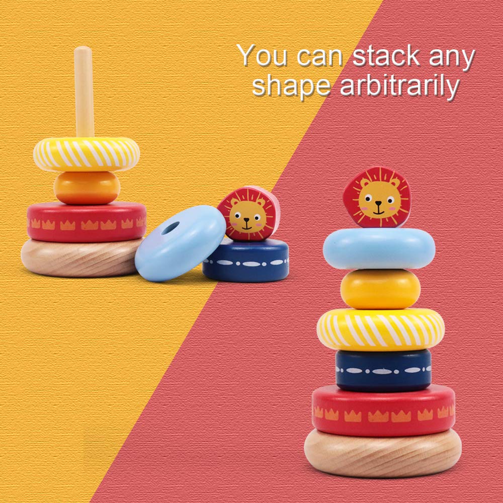 Leo & Friends Wooden Stacking Ring Toys With Lion Crested, Montessori Stacking Toys For Children 1 Years And Above, Early Baby Development Toys