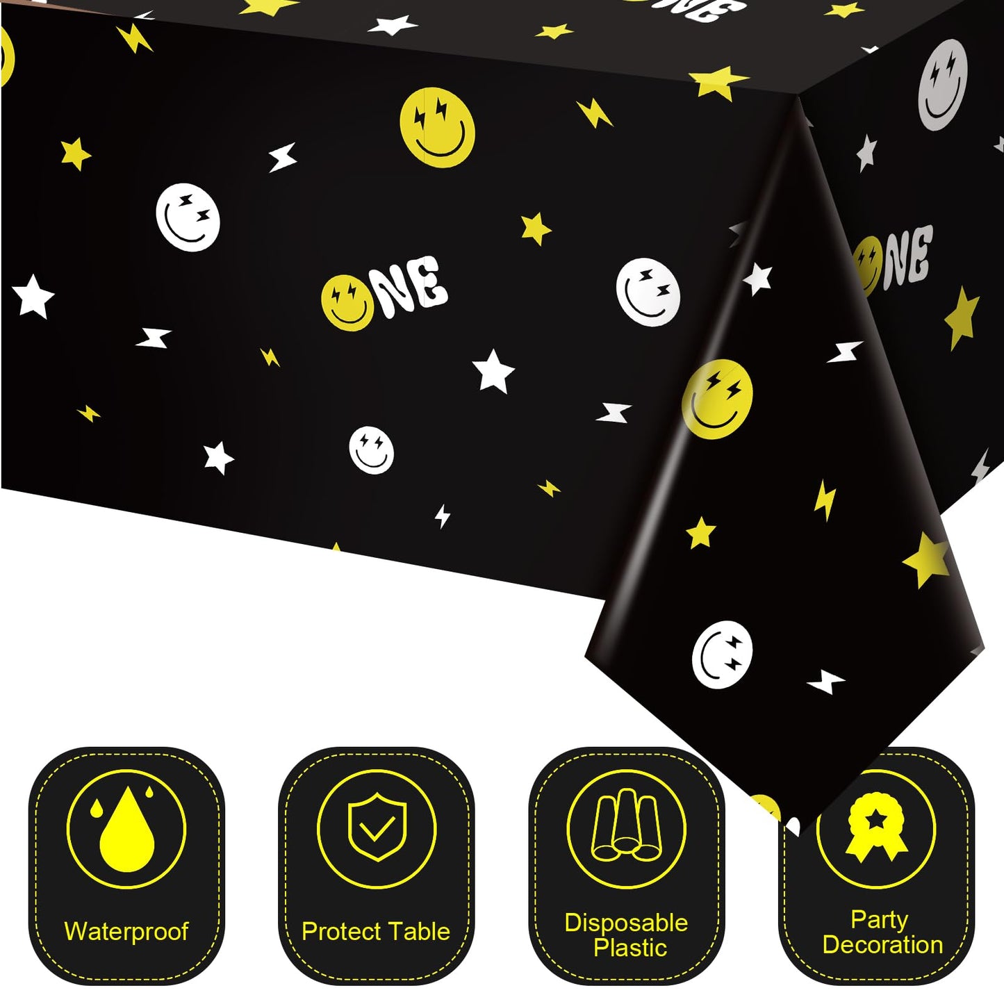 4 Pieces One Happy Dude Party Decoration Tablecloths 54 x 108 Inch Black Rectangle Plastic Smile Face Tablecloth One Happy Dude