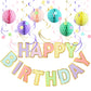 LITAUS, Birthday Decorations, NO DIY - Pack of 17 | Macaron Happy Birthday Banner, Honeycomb Balls, Swirls, Garland | Happy Birt