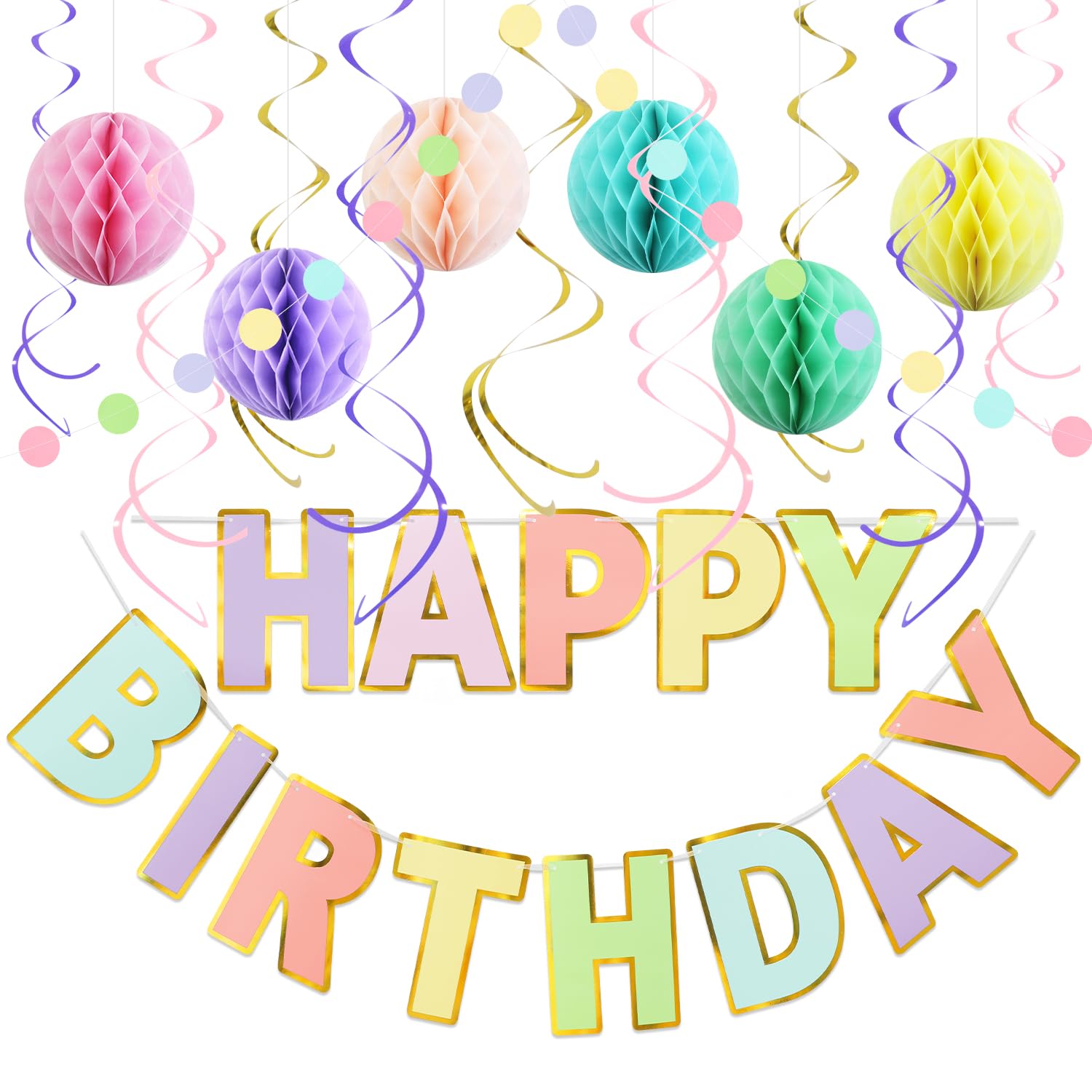 LITAUS, Birthday Decorations, NO DIY - Pack of 17 | Macaron Happy Birthday Banner, Honeycomb Balls, Swirls, Garland | Happy Birt