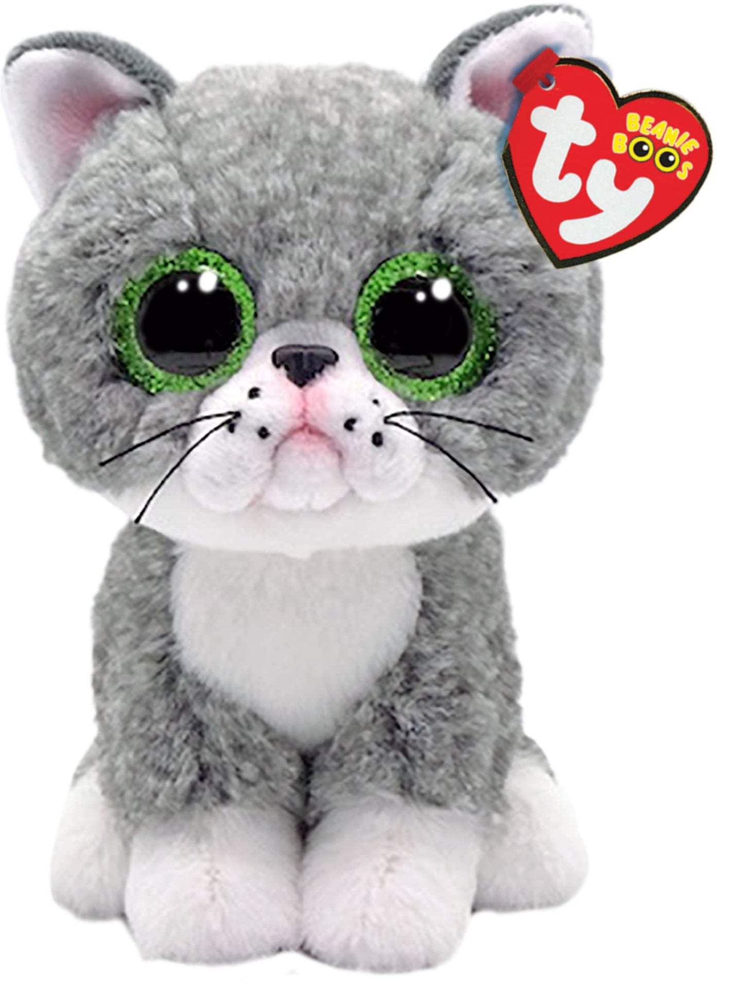 Ty Beanie Boos Fergus Cat Plush Toy - 15cm, Grey, Big Green Sparkly Eyes, Model 36581