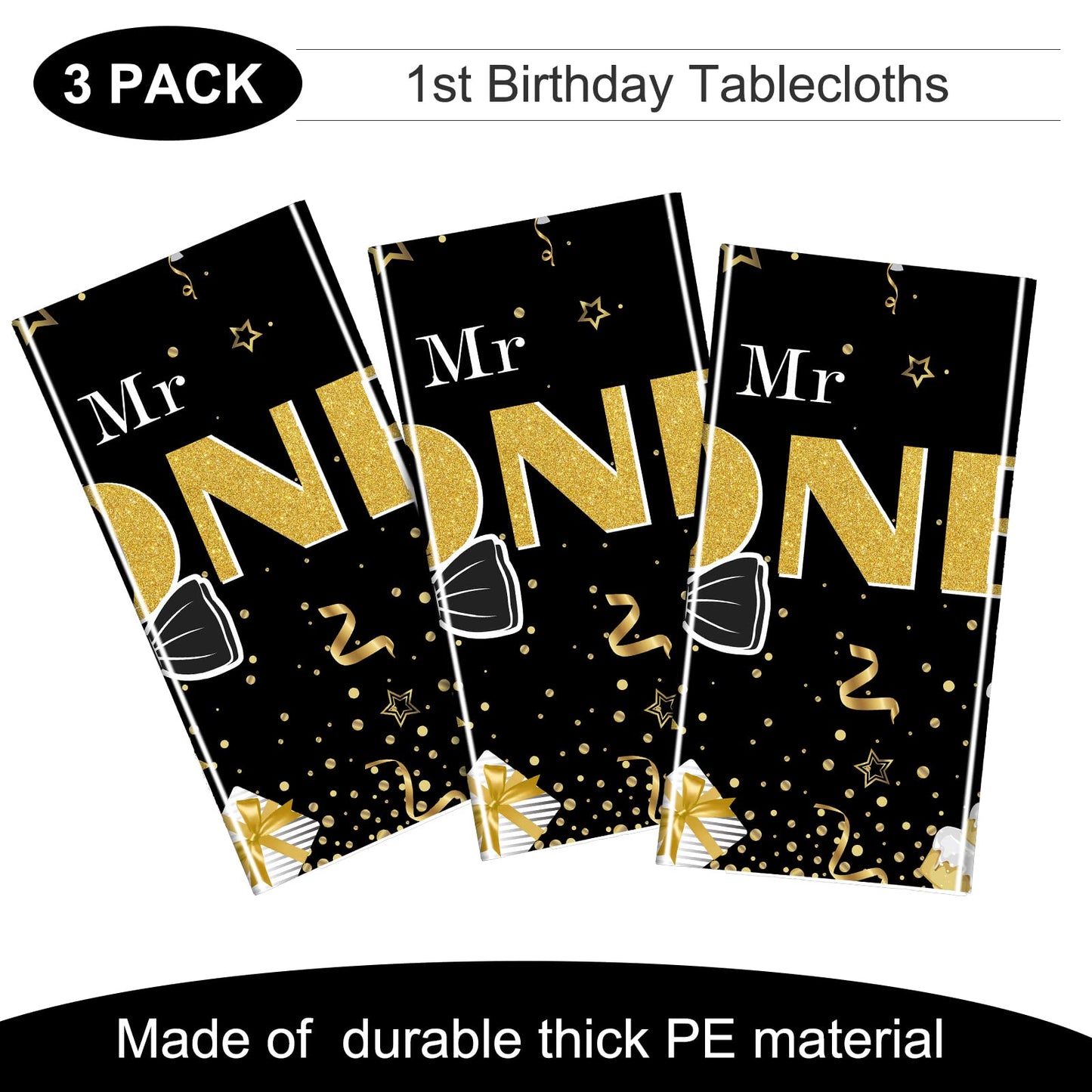 Tiamon Black Plastic Rectangular 54 x 108 Tablecloth Set of 3 for Baby Boy First Birthday Party