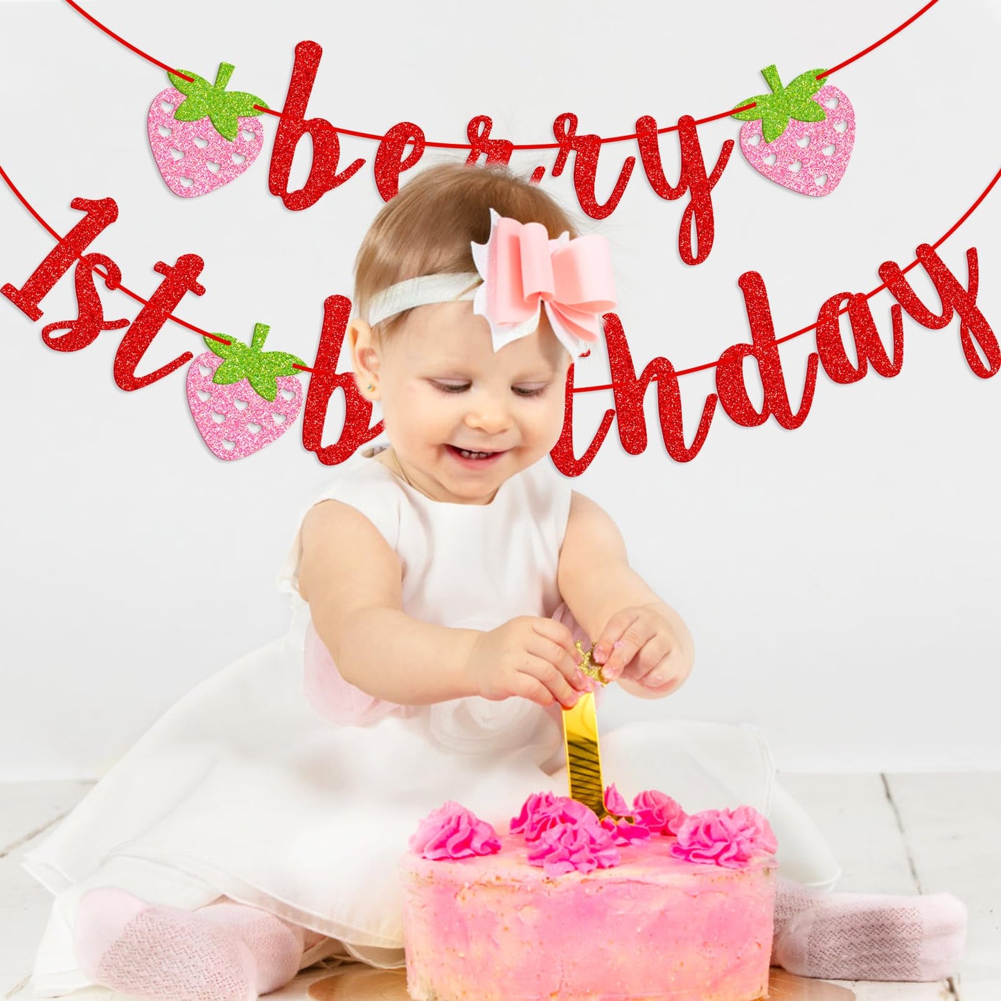 Berry First Birthday Banner, Glitter Strawberry Banner, 1St Birthday Decor (Red)
