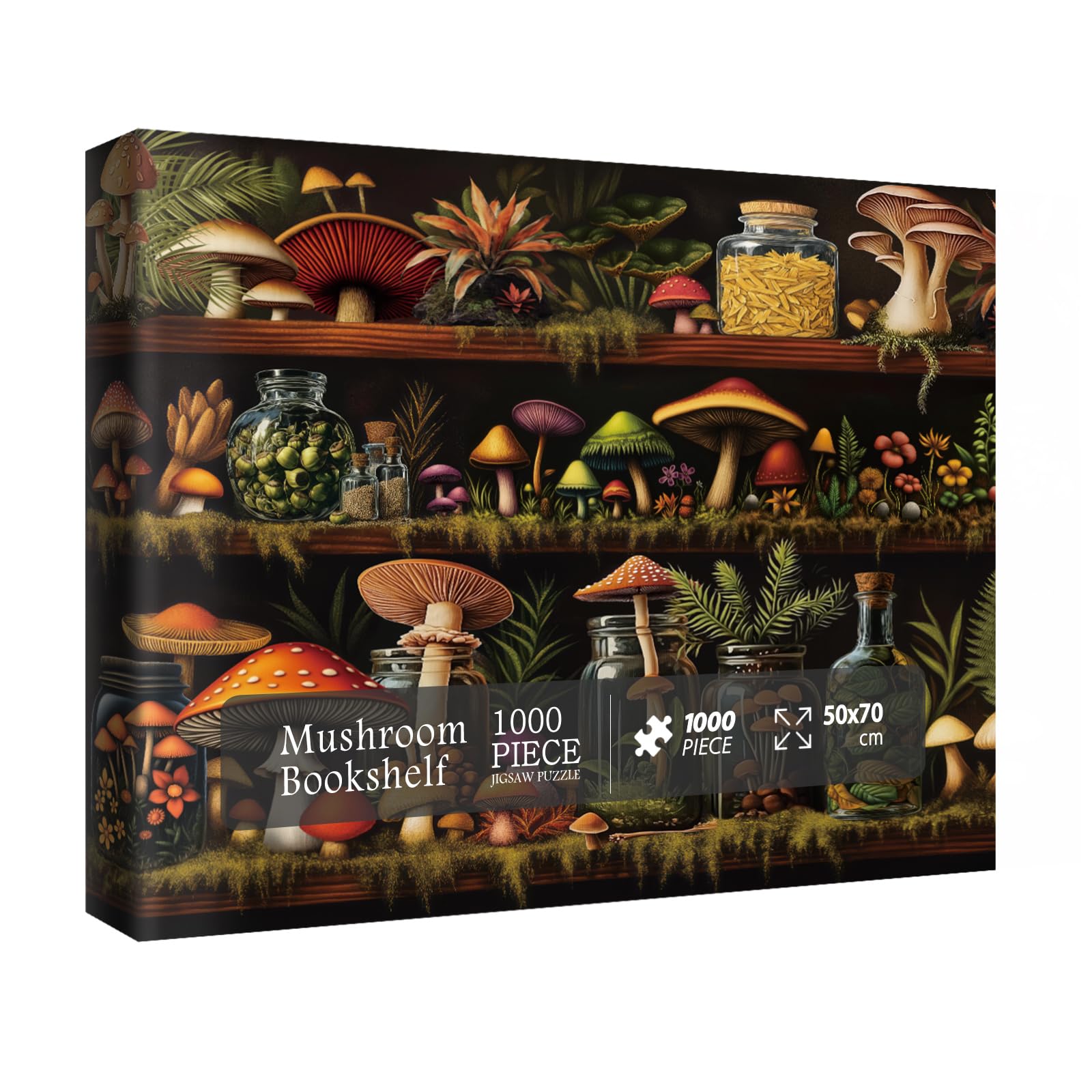 Beautiful Mushroom Bookshelf Puzzles for Adults 1000 Pieces Nature, Colorful Plant Bottle Art Jigsaw Puzzles, Pretty Scenic Pain