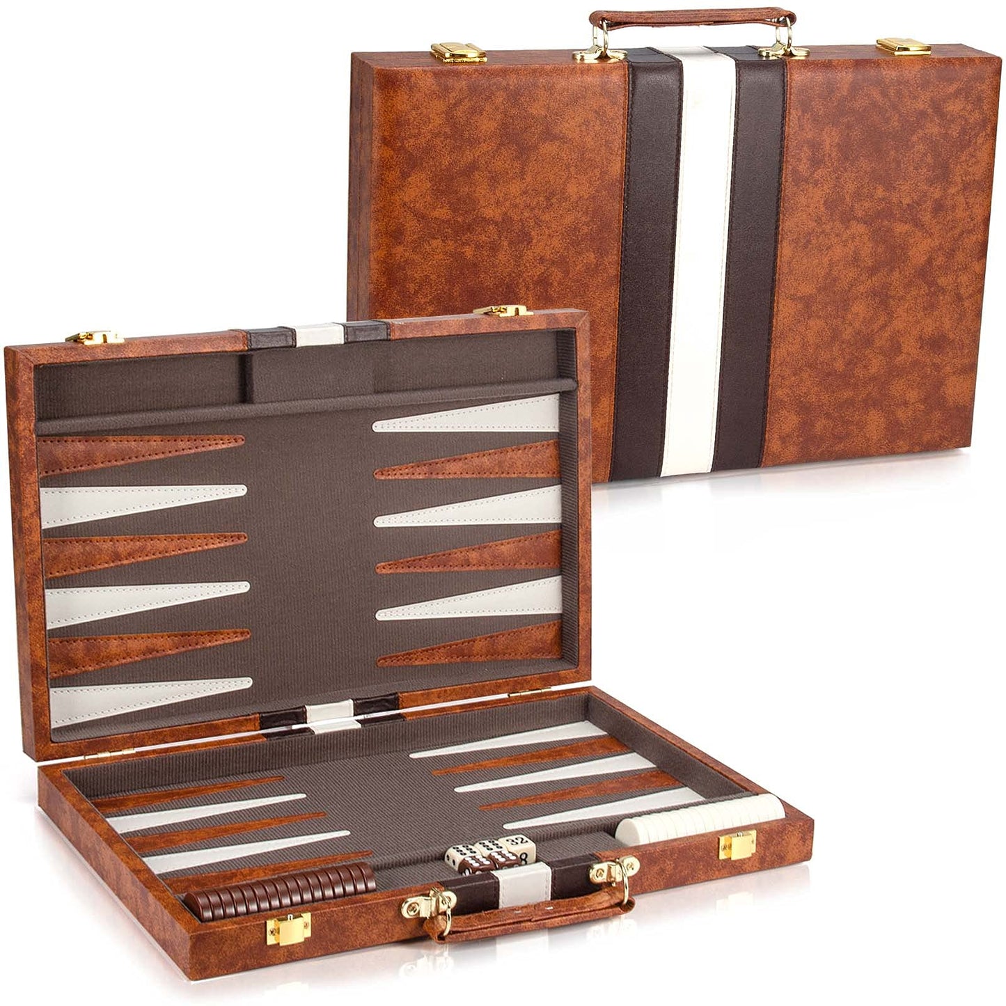 AMEROUS Backgn Set  15 Inches Classic Board Game with Leather Case  Folding Board  Gift Package  Portable Travel Strategy Backgn Game Set for mature-themeds  Kids (Medium  Brown)