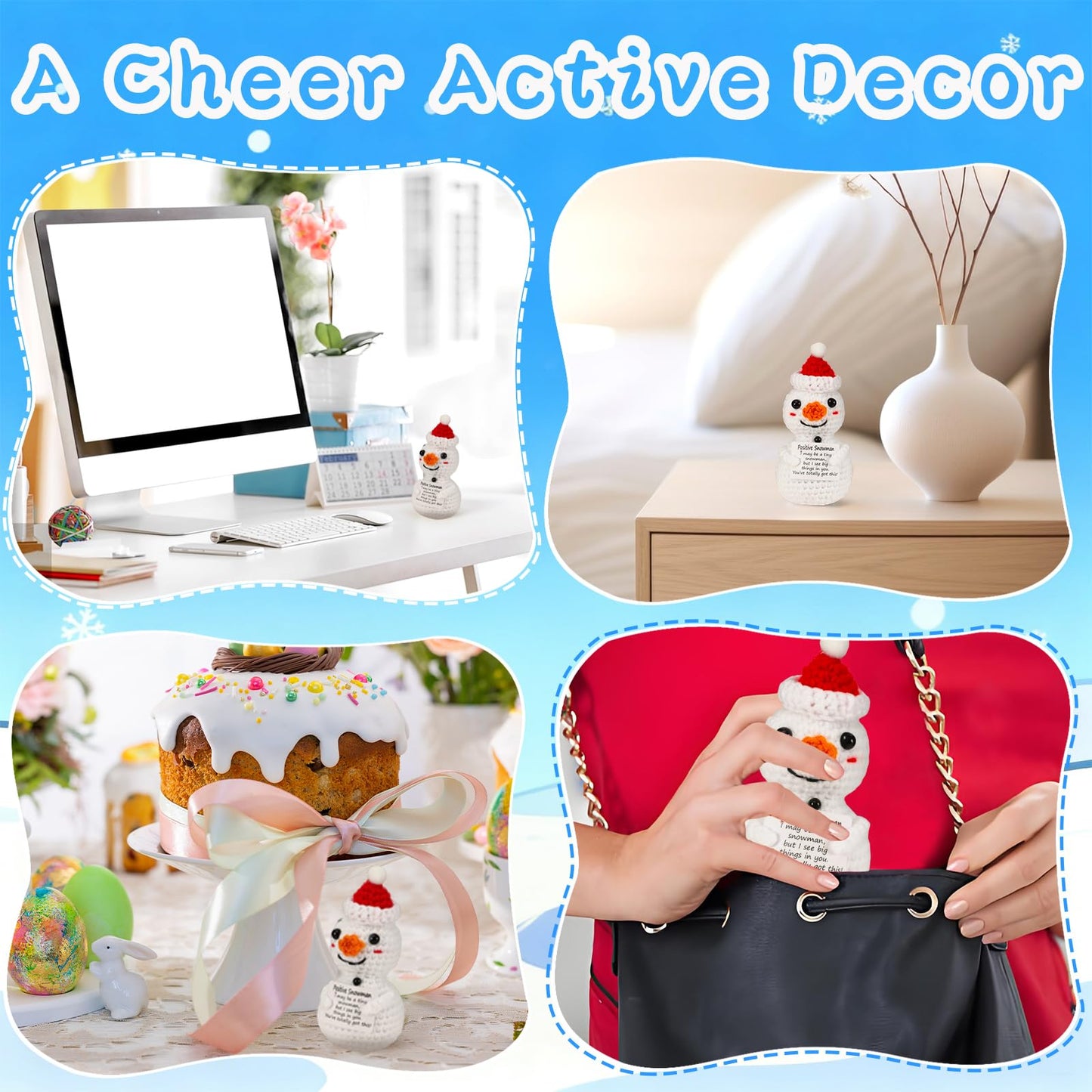 JULEASEL Mini Funny Positive Snowman Emotional Crochet Knitted Doll with Positive Card for Coworkers Best Friend Encouragement W