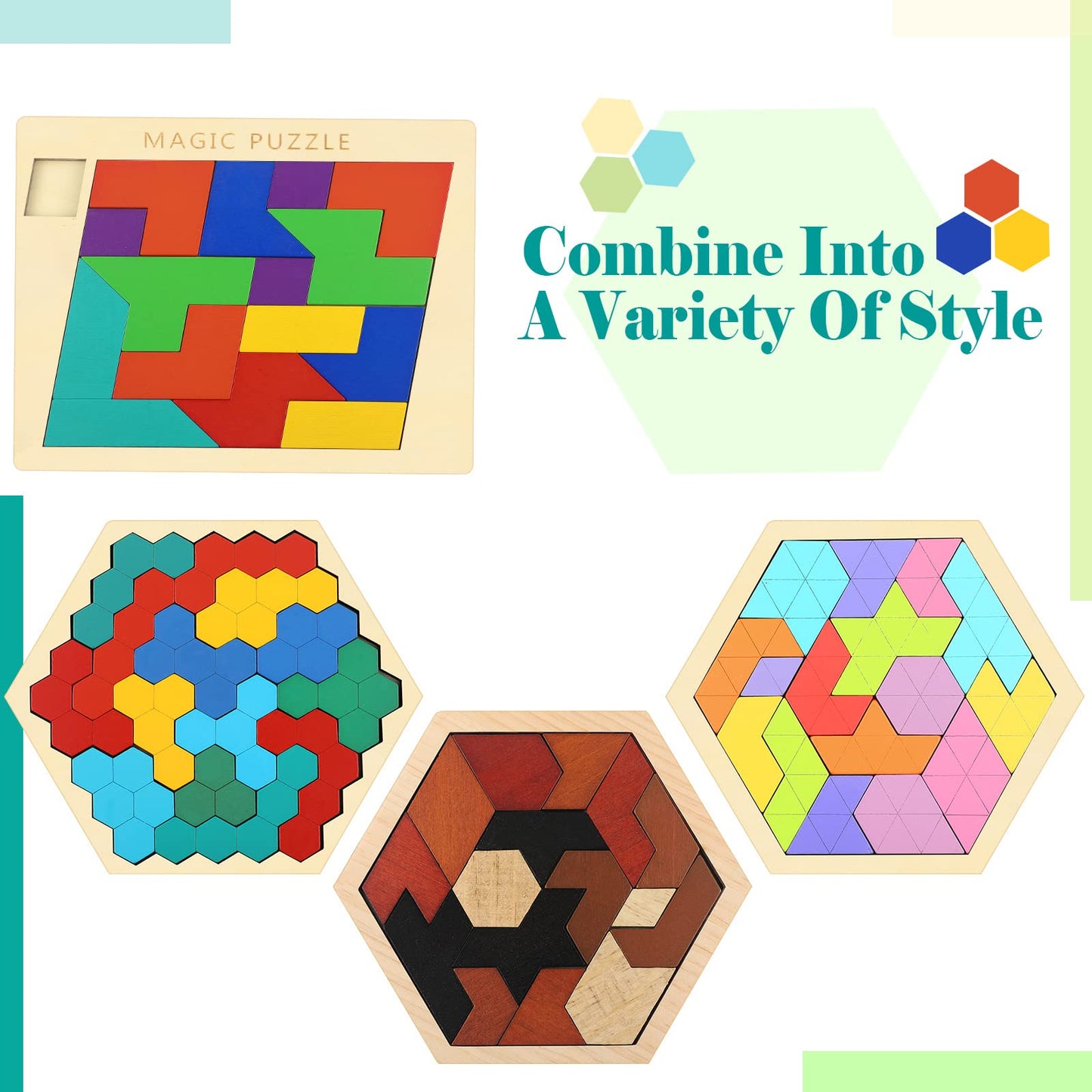 BBTO 4 Pack Wooden Hexagon Puzzle Blocks Geometric Tangram Jigsaw Shape Pattern Block Brain Teaser Toy Russian Blocks Logic Iq Stem Montessori Toy Educational Gift for Intelligence Challenge