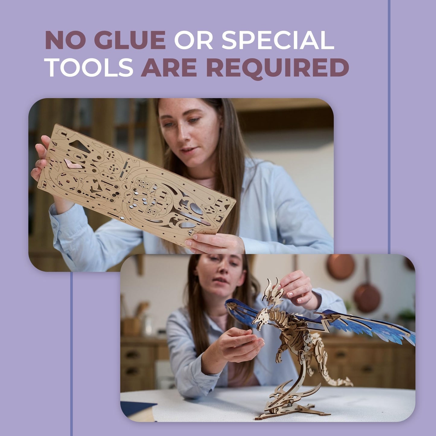 UGEARS Wooden 3D Dragon Puzzle - Mechanical DIY Kit for Adults, Large Size, Engineered Wood, Model 70151, Wood Color, 320 Pcs