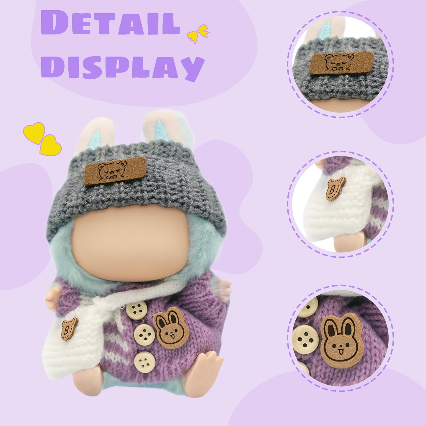 Clothes for 17cm Doll (NO Doll)  Handcrafted Crochet Outfits for 17cm Dolls with Accessories Boy and Girl 5-Piece Clothes Set  Cute Stylish Clothing with hat and Bag for Dolls Dress up (Purple)