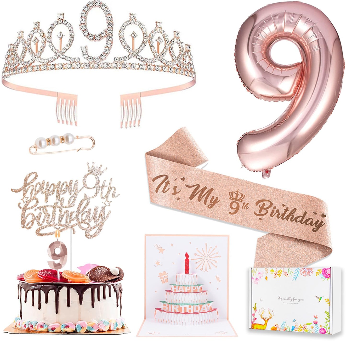 9th Birthday Decorations for Girls, Including 9 year old Birthday Cake Topper, Birthday Queen Sash with Pearl Pin, Sweet Rhinest