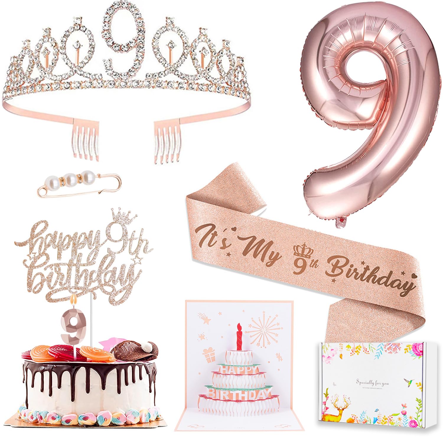 9th Birthday Decorations for Girls, Including 9 year old Birthday Cake Topper, Birthday Queen Sash with Pearl Pin, Sweet Rhinest