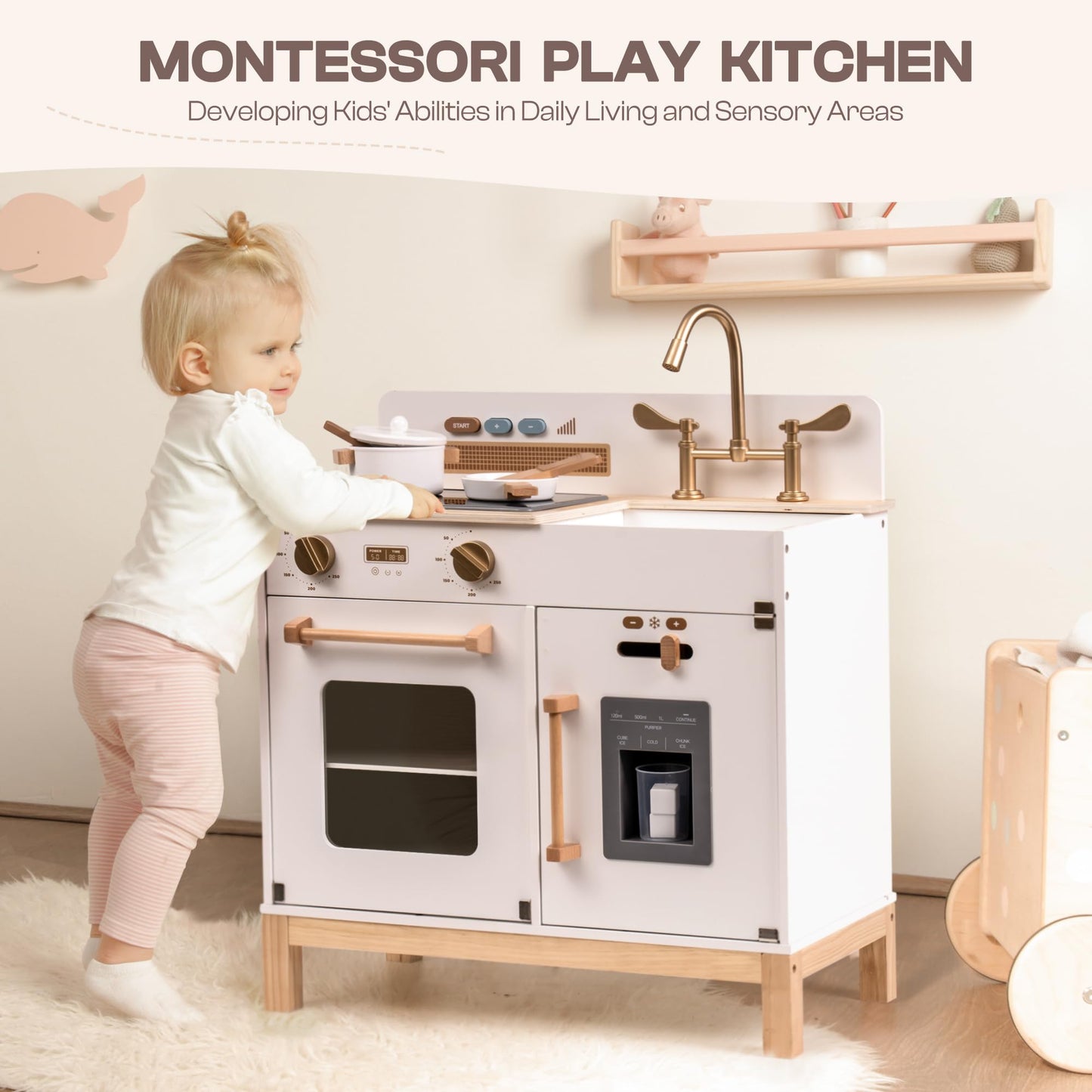 ROBOTIME Play Kitchen for Toddlers, Wooden Kids Play Kitchen Playset with Real Lights & Sounds/Ice Cube Dispenser, Pretend Play