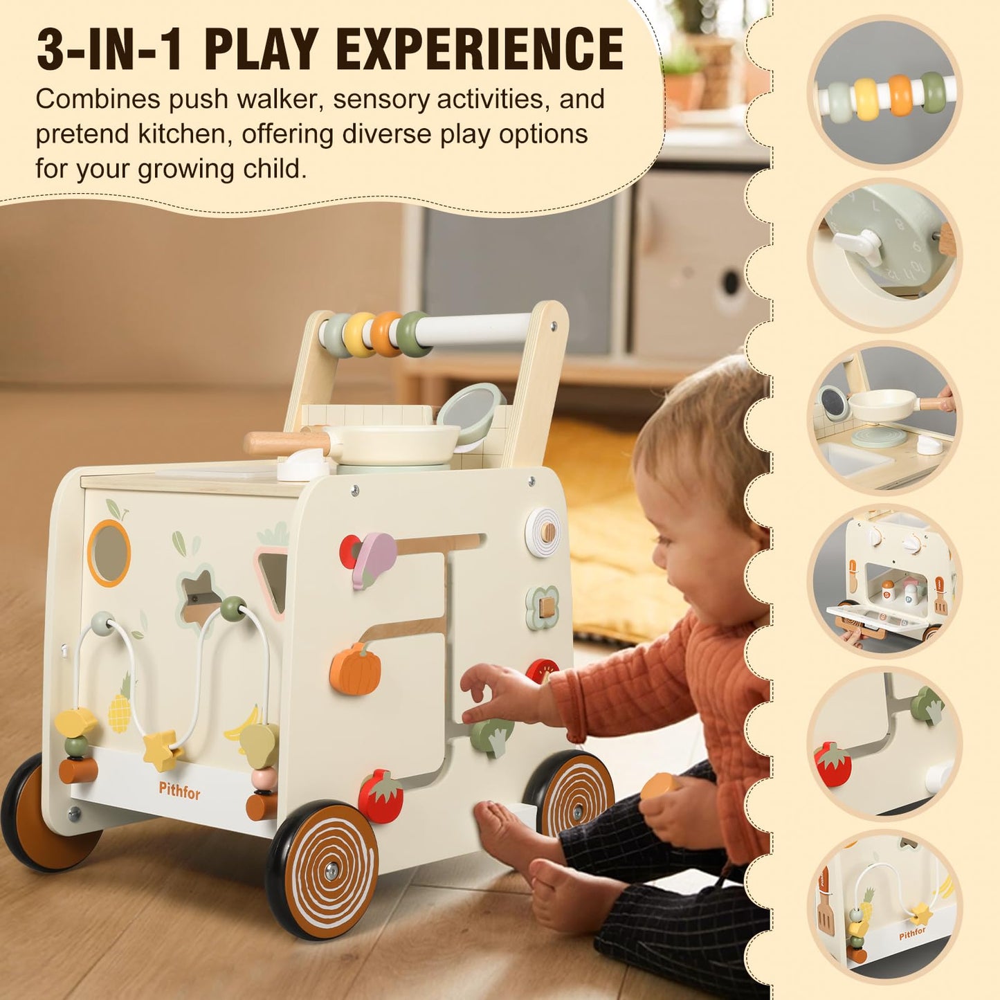 Pithfor Wooden Baby Walker, 3-In-1 Baby Push Walker, With Pretend Kitchen, Montessori Sensory Activity Center, Push Walker Toys
