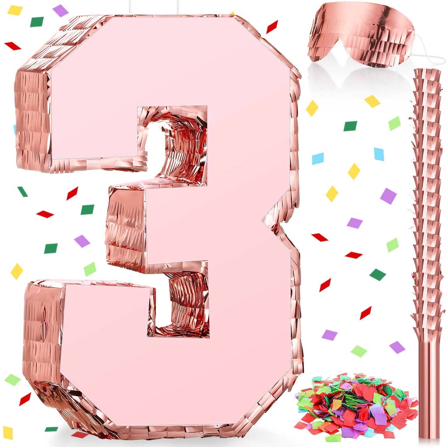 Number Piata Rose Gold Piata with Stick Blindfold Confetti, Princess Piata for Girls Birthday Party Anniversary Celebration Deco