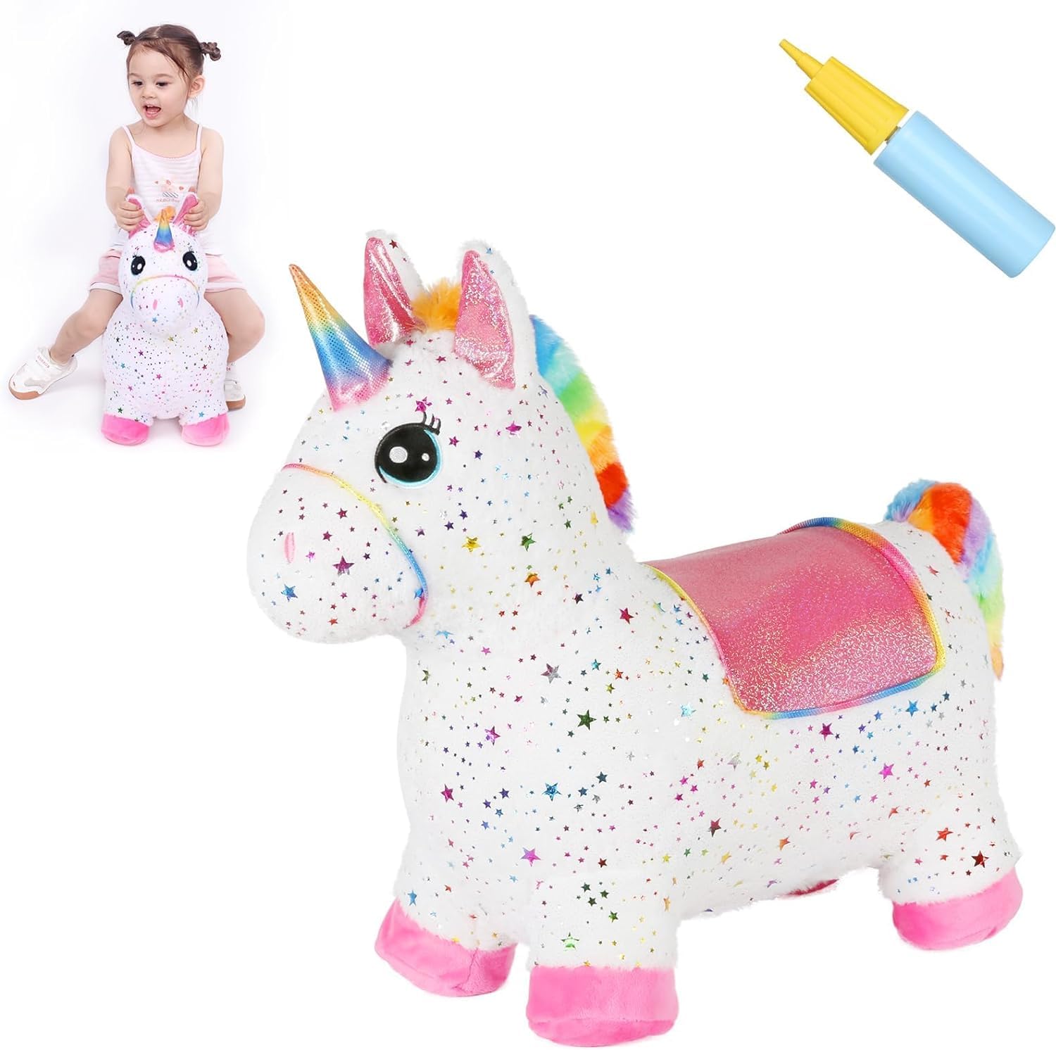 INPANY Unicorn Bouncy Horse Toys  Toddlers Girl Bouncing Animals  Inflatable Ultra Thick Plush Horse Hopper  Baby Ride-on Rubber Bouncer  Outdoor Indoor Cute Birthday Gift for 2 3 4 Year Old Girl Kid