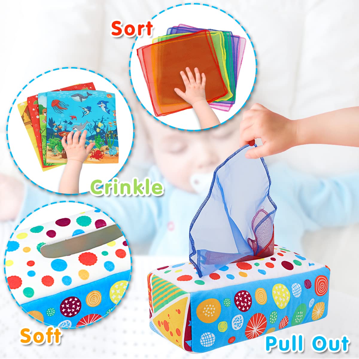 Aiduy Baby Tissue Box Toys - Soft Crinkle Montessori Infant Sensory Toy for 6-12 Months, Colorful, Medium, Ideal for Boys & Girls