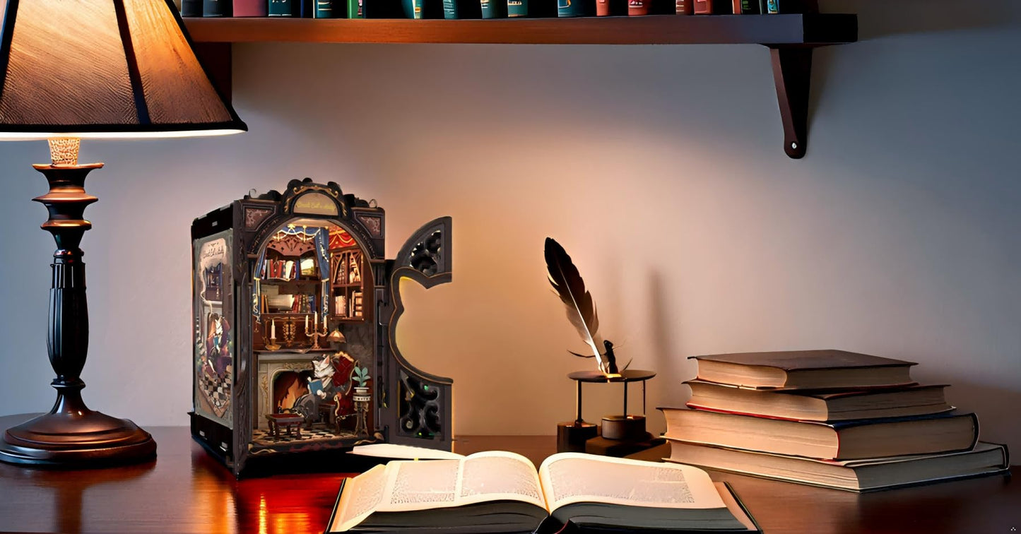 Fsolis Book Nook Kit, Diy Miniature House Room Kit For Adult Activity Puzzle Booknook Bookshelf Decor Birhday For Women Teens Craft Lovers(Count Cat'S Study)