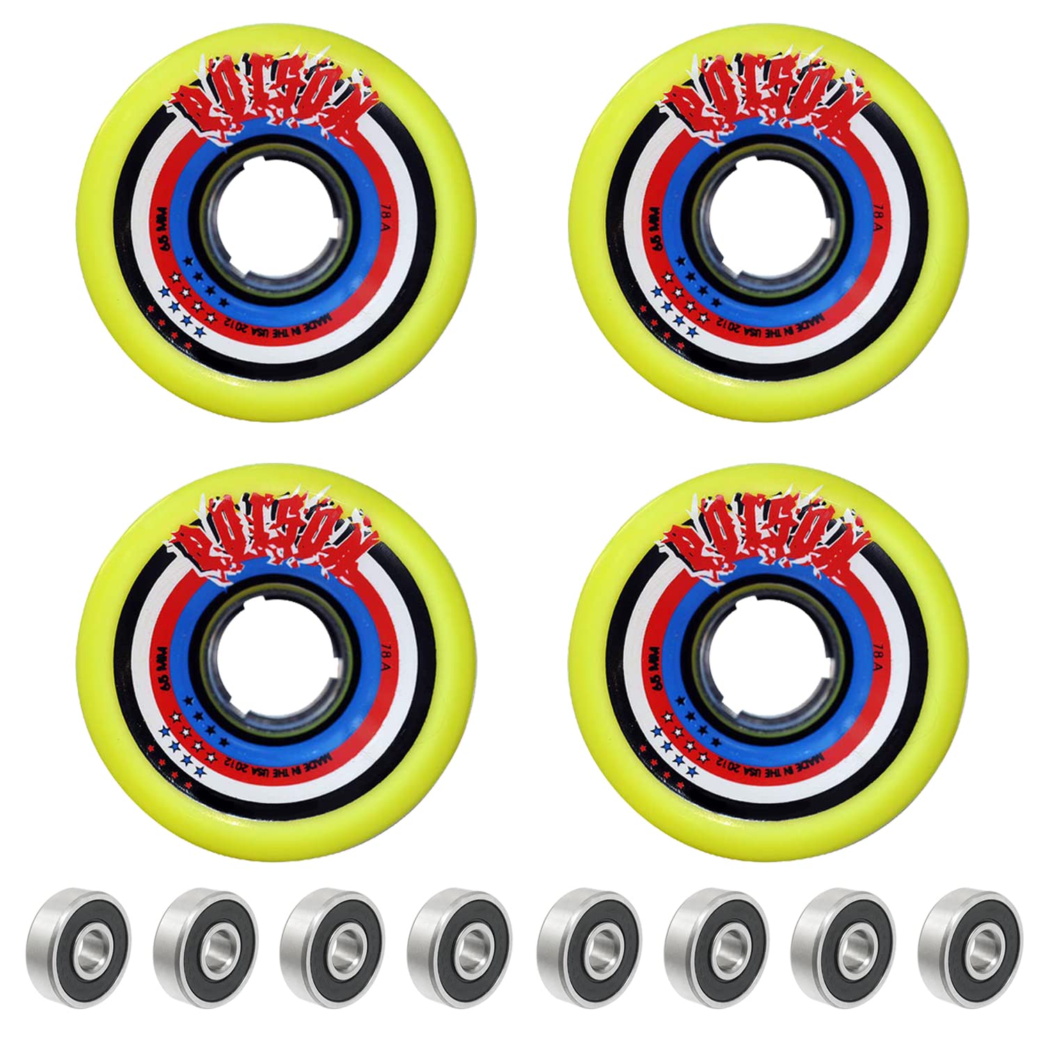 SWAURSAHA Poison Original Quads Roller Skating Wheels, 78A Hardness (Set of 4) + 627RS Bearing (8 Pcs)