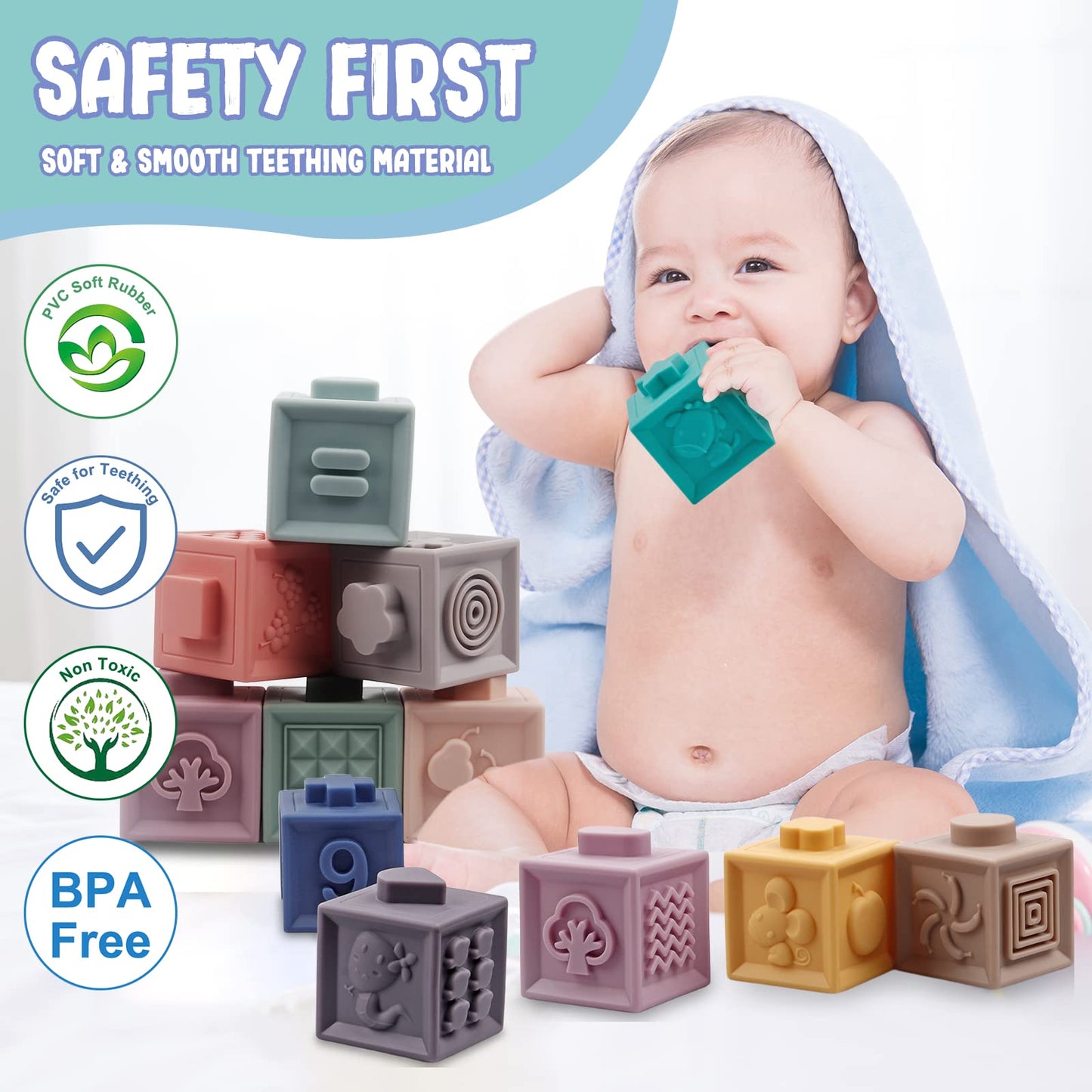 Montessori Toys For Babies 6-12 Months, Soft Baby Blocks Toys Set, 3 In 1 Infant Stacking Building Blocks, Teething Toys Sensory