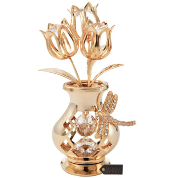 Matashi Valentine'S Day Gift For Her - Flower Bouquet Vase With Dragonfly, Clear Crystal Studded 24K Gold Plated Tabletop Ornament For Women, Mom, Daughter, Friends & Family