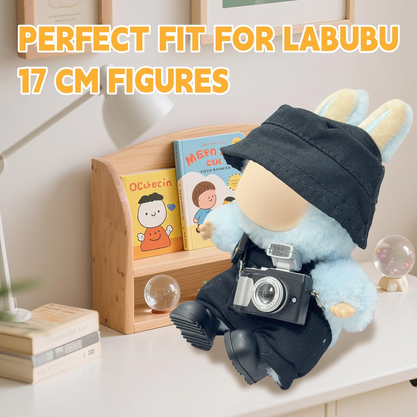 17cm Light Purple Outfit Set (Doll Not Included) - Bucket Hat  Overalls Shorts  Mini Camera & Shoes  Cute Style for 17cm Doll Dress-up (Black SC)