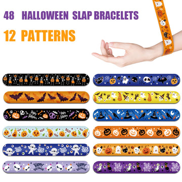 CCINEE 48pcs Halloween Slap Bracelets,Kids Snap Bracelet Wristbands with Assorted Bulk Pumpkin Zombie Skull Ghost Witches for Tr