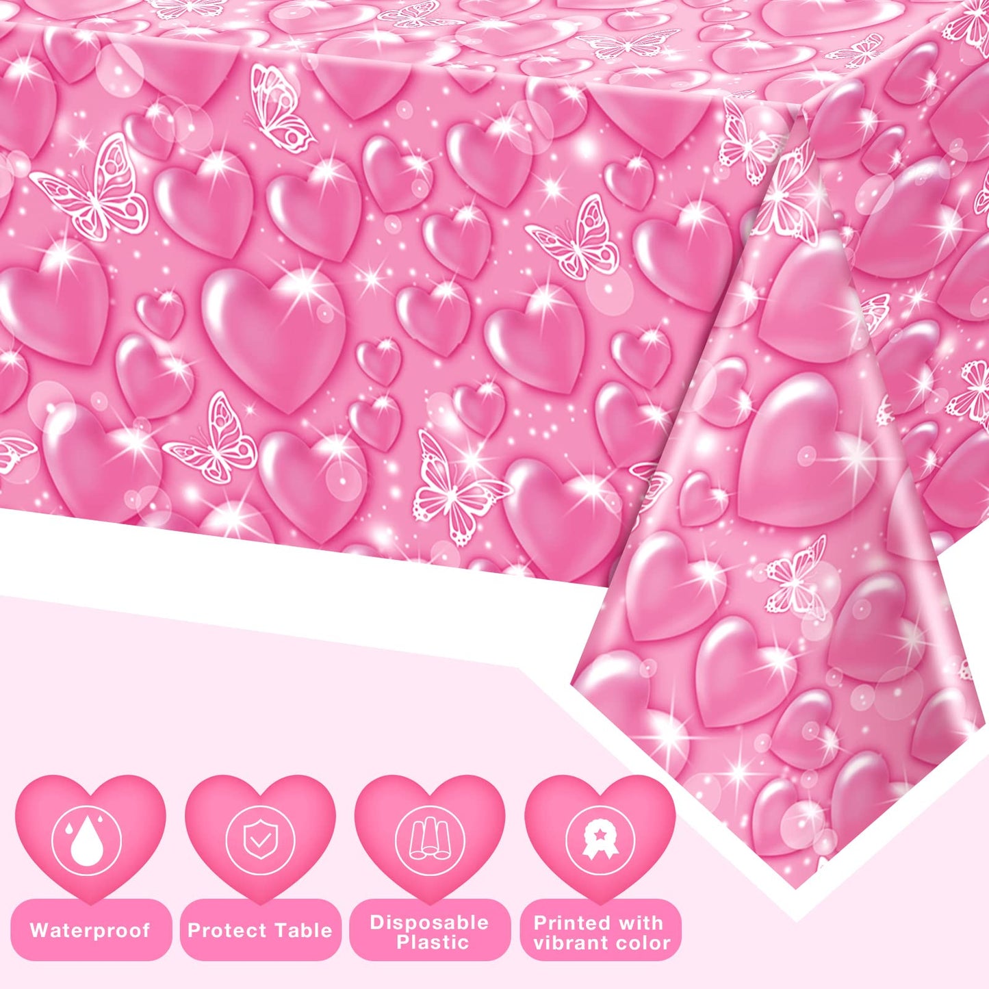 Peryiter 3 Pack 2000s Tablecloth Decorations Pink Cholo Party Table Covers Y2k 90s Plastic Heart Butterfly Disposable Rectangle
