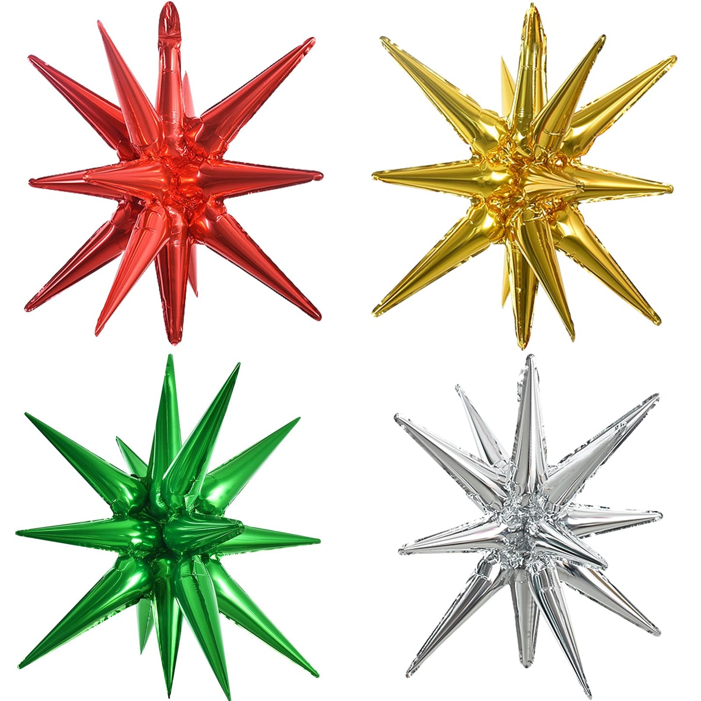 TONIFUL 4 Pcs 22inch 4D Red Green Gold Silver Explosion Star Mylar Balloons 14Point Star Balloons for Party Decorations Backdrop