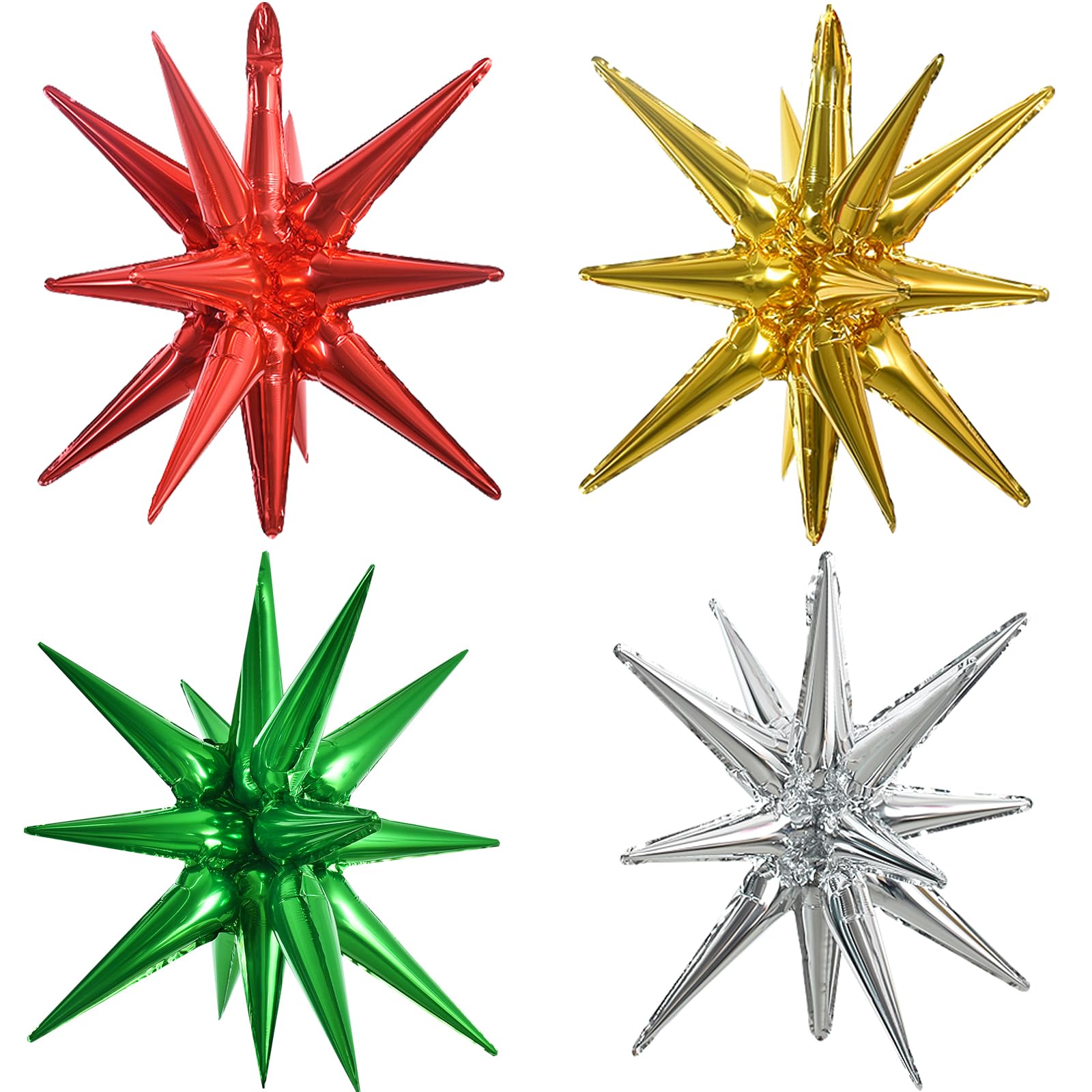 TONIFUL 4 Pcs 22inch 4D Red Green Gold Silver Explosion Star Mylar Balloons 14Point Star Balloons for Party Decorations Backdrop