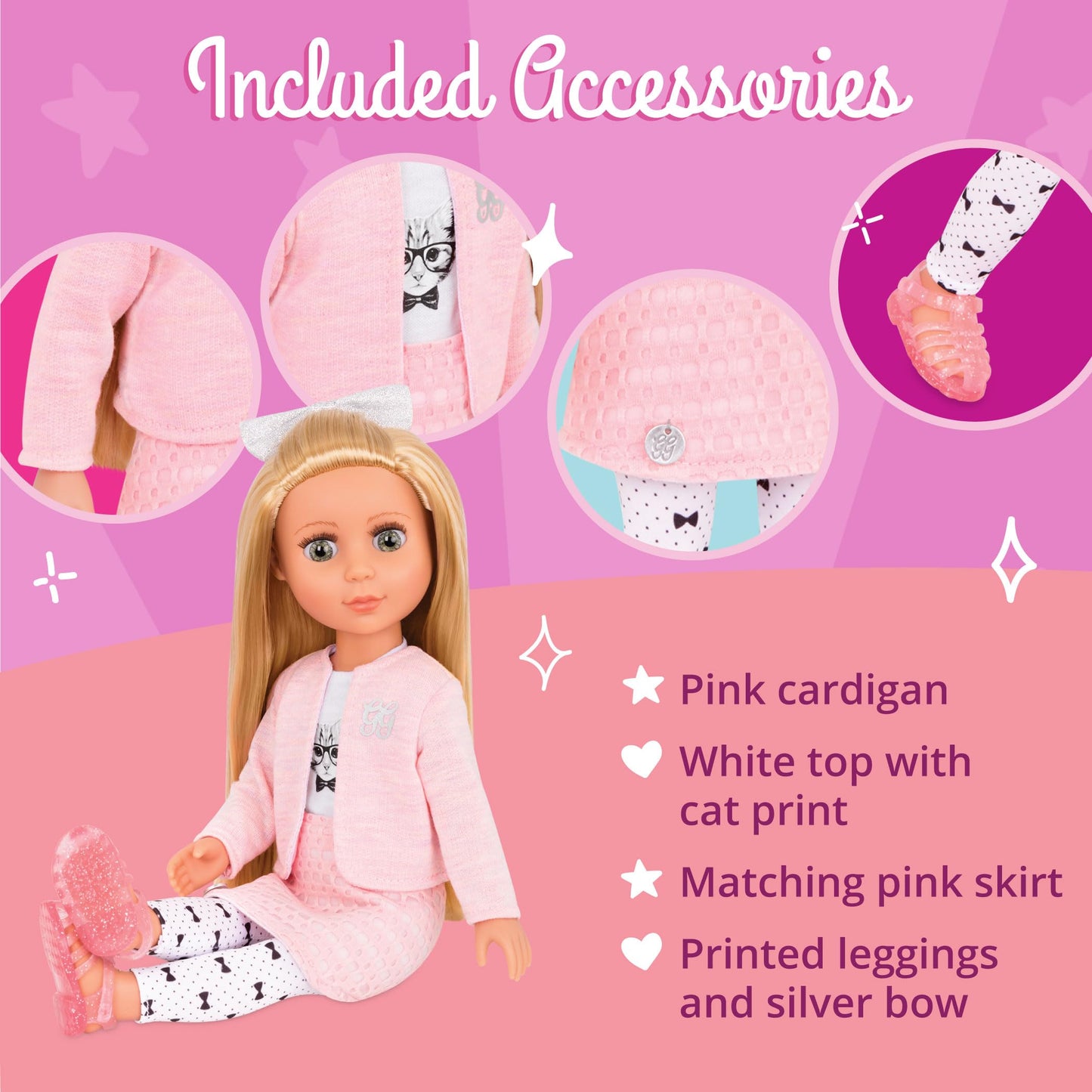 Glitter Girls - 14-Inch Fashion Doll - Blonde Hair & Green Eyes - Pink Cardigan & Skirt - Cat - Themed Outfit - 3+ Years- Fifer
