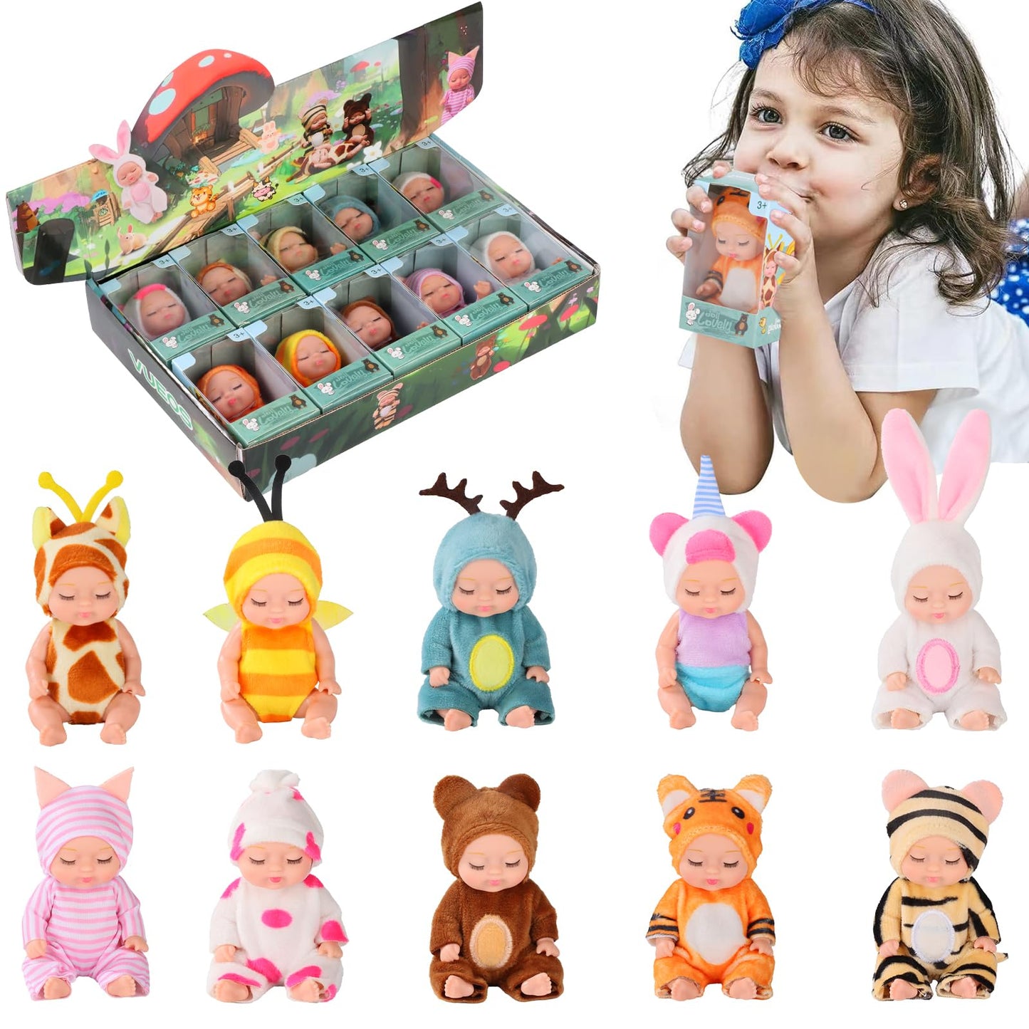 Vueos 10 Pcs 4 Inch Mini Reborn Baby Dolls Set Cute Small Baby Doll With Handmade Animal Clothes - Baby Doll Giftbox Gifts For G