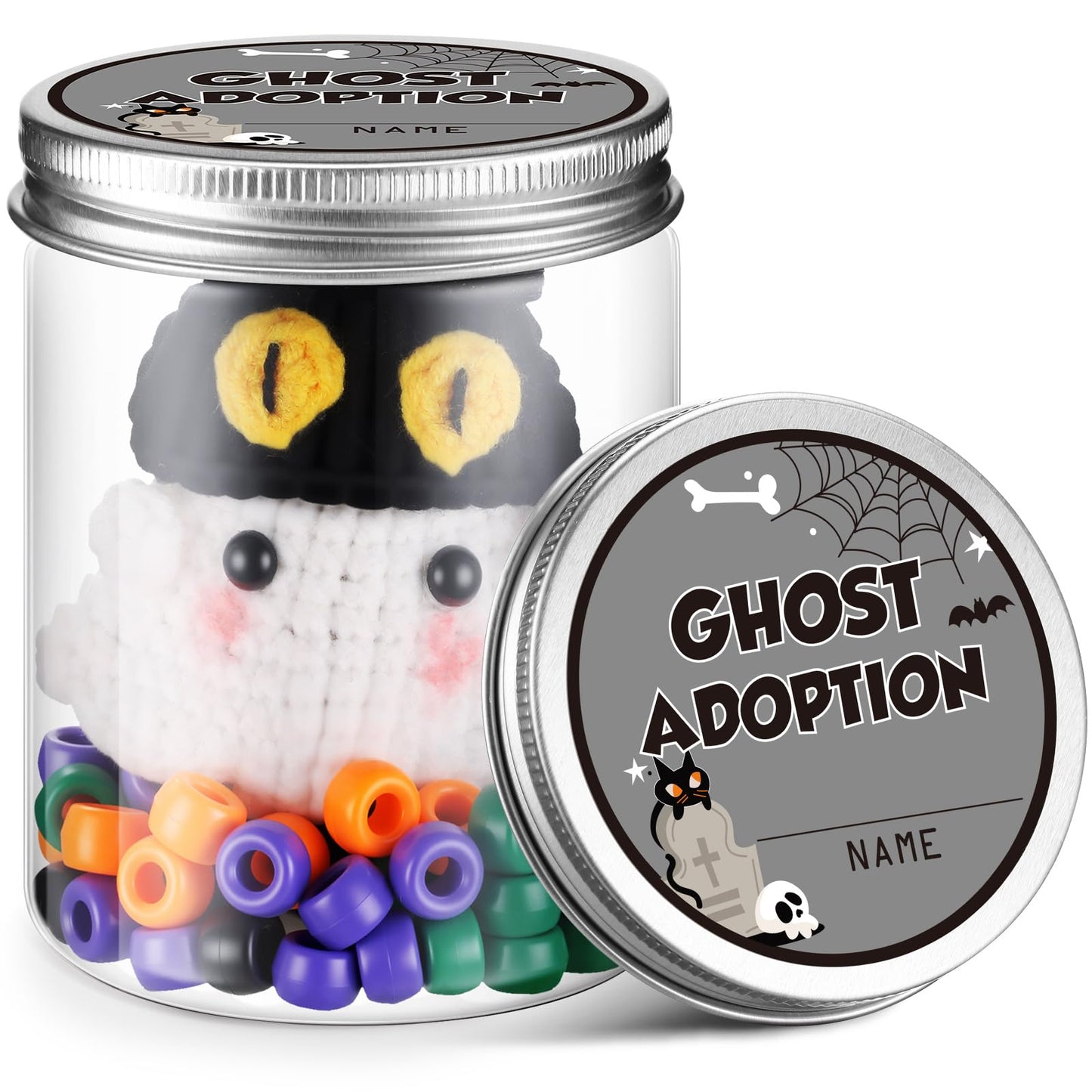 Poen Ghost Desk Pets Accessories Crochet Ghost DIY Adopt a Toy Plush Handmade Doll Spooky Creepy Horror Gift Halloween Boo Basket for mature-themed Women Office School Classroom Party Decor