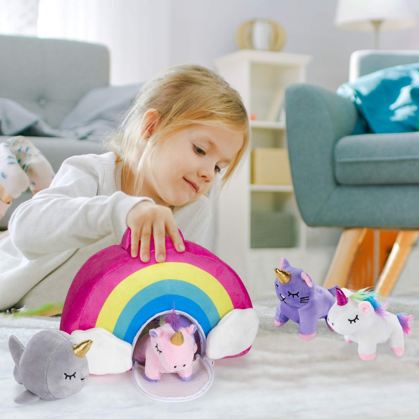 PASSIONFRUIT Stuffed Toy Unicorn Animal Set - 5 Plush Toys with Rainbow Bag - Includes Unicorns, Kitty, Puppy, Narwhal - Ideal Gift for Toddlers