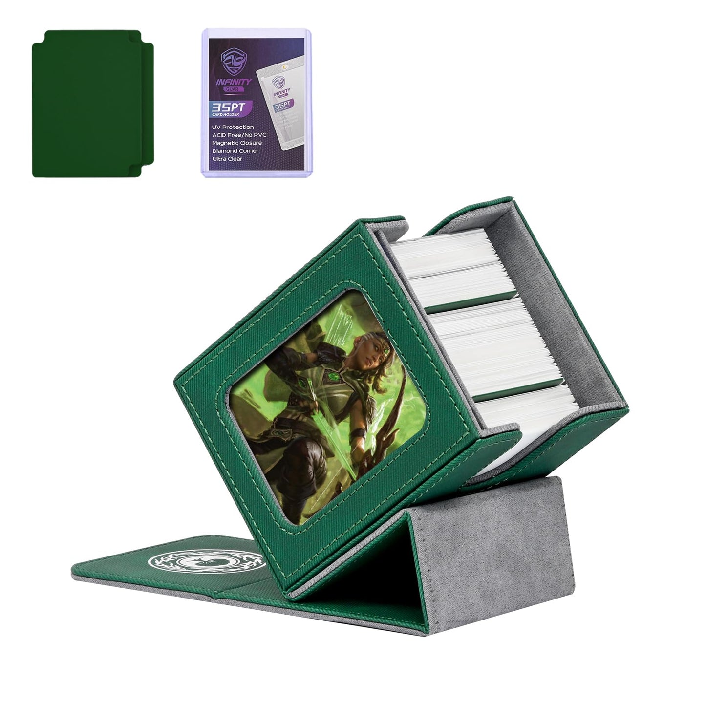 Infinity Guard MTG Deck Box with Commander Display for 120+ Single Sleeved Cards  Denim Magnetic Card Storage Box Fits for TCG CCG Magic Cards (Ink&Green)
