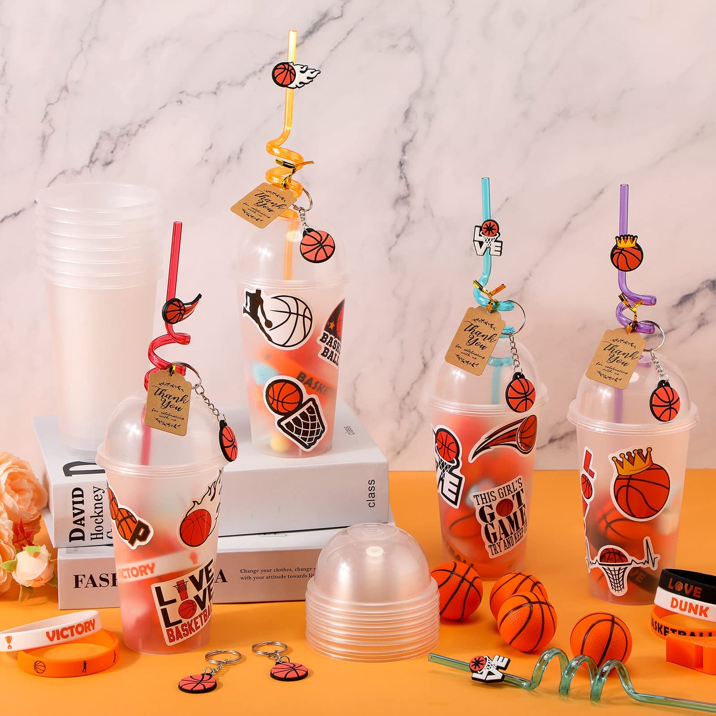 Weysat 184 Pcs Basketball Party Favors, Basketball Party Supplies With Cup Straw Stress Ball Keychain Sticker Bracelet Whistle T