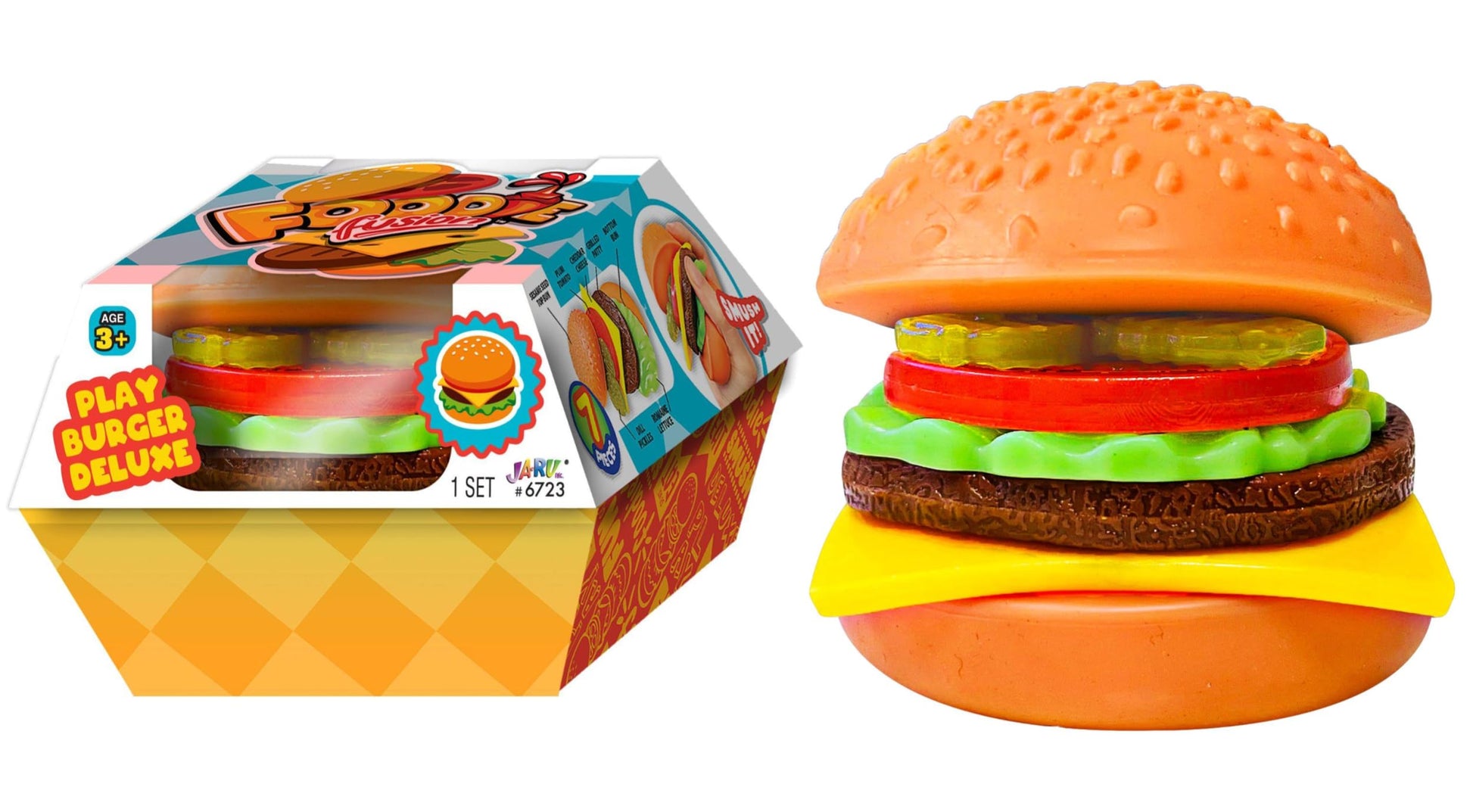 JA-RU Foodie Fusion Play Burger Deluxe Squishy Toy (1 Pack) Smushy Make Your own Patty. Squish Grilled Food Toys for Kids  Teen  & mature-themed. Stretchy Therapy Stress Relief Fidget Party Favor. 6723-1